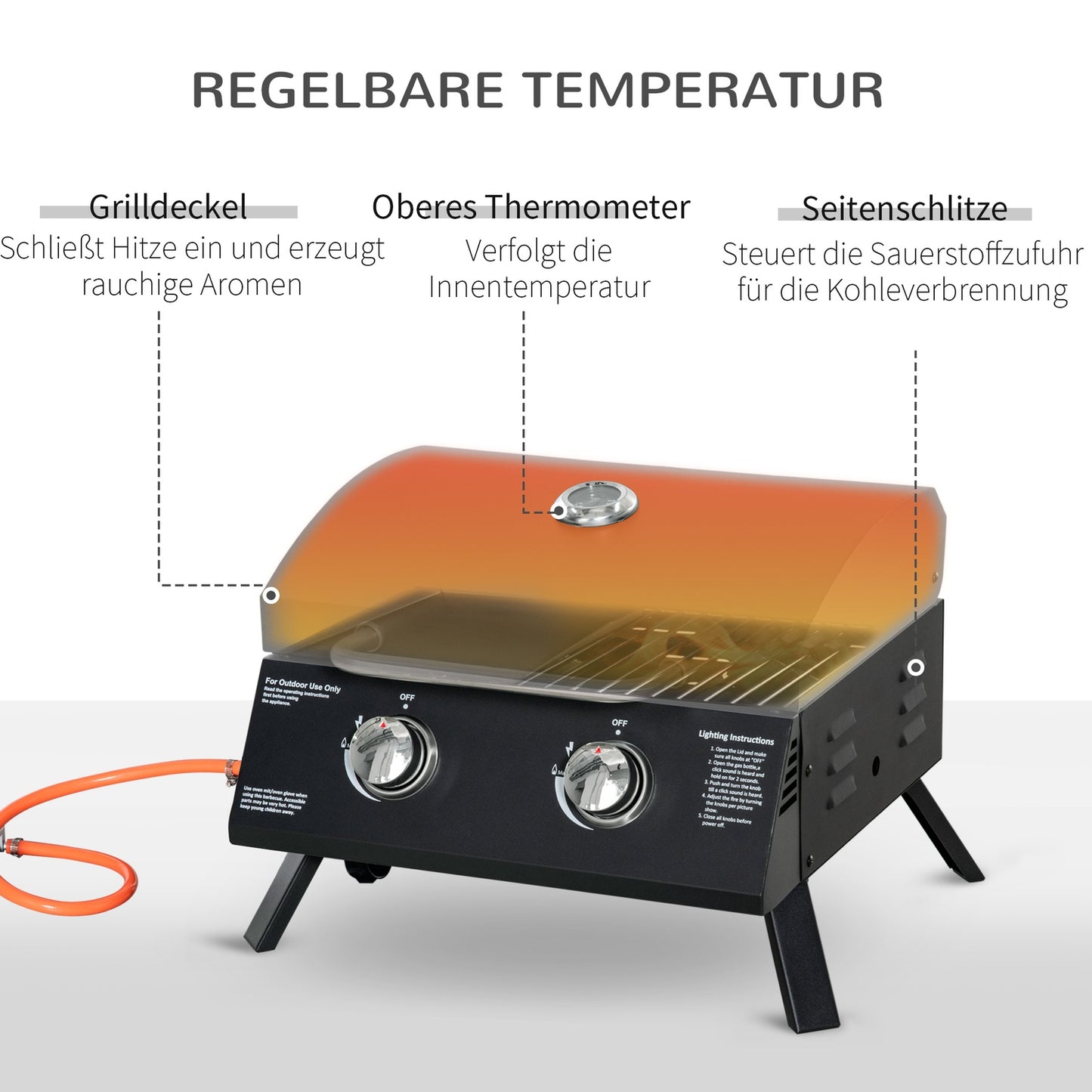 Portable gas grill in stainless steel with 2 burners, black