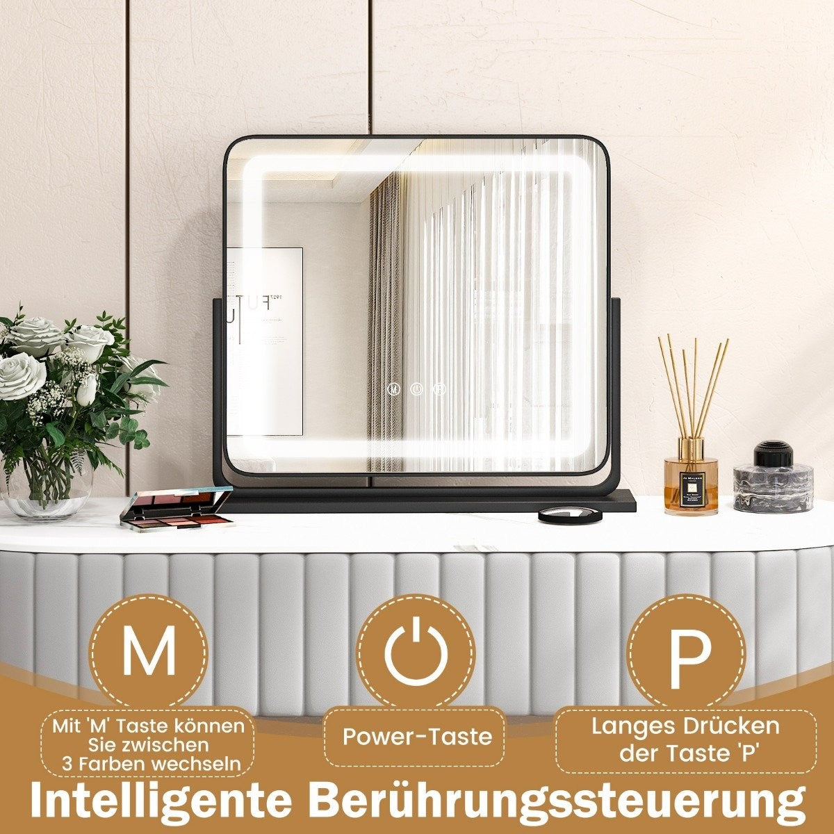 Table LED Illuminated Mirror Makeup Mirror with Lights 56 x 12 x 48 cm Black