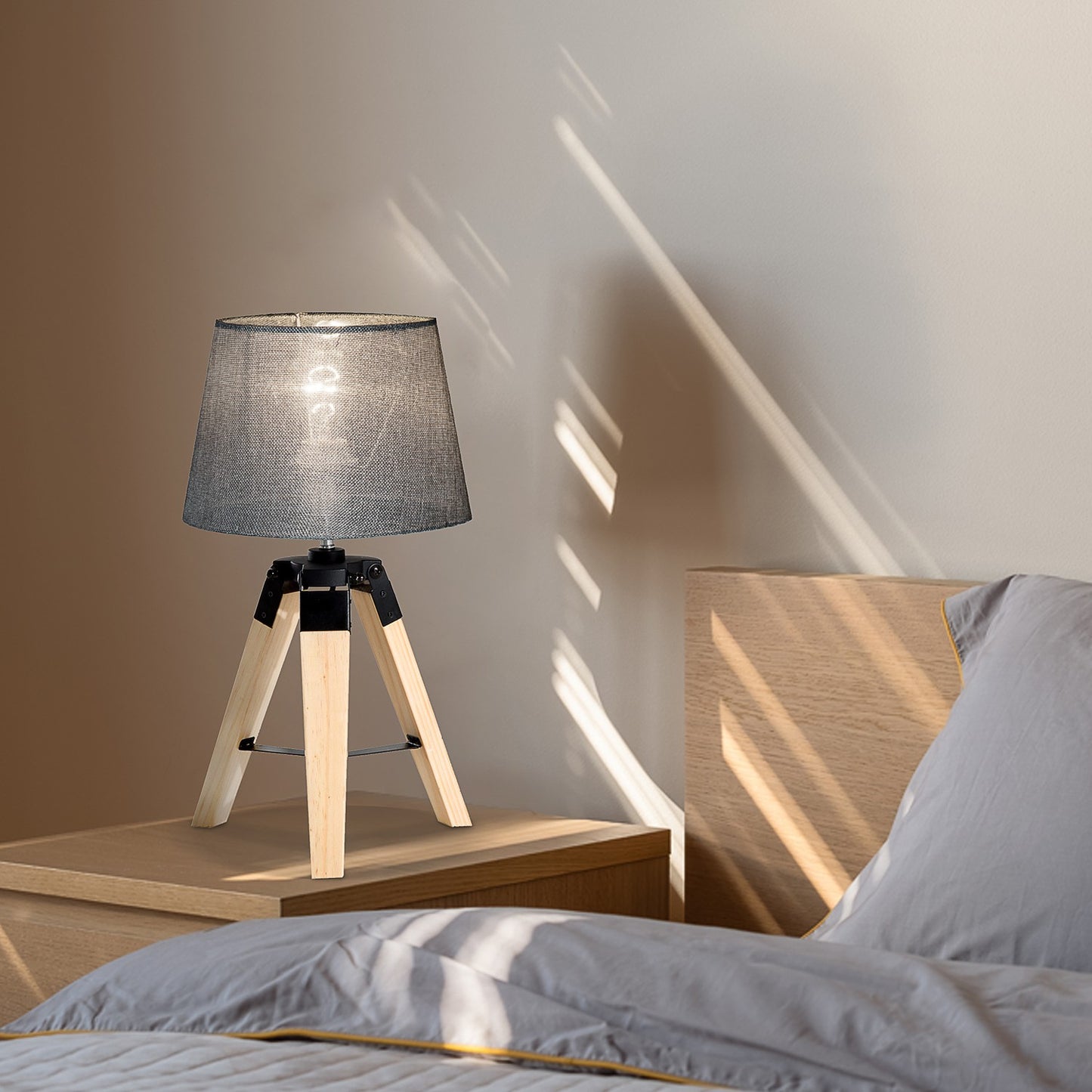 Bedside lamp in gray linen look, Pine & Polyester, E27