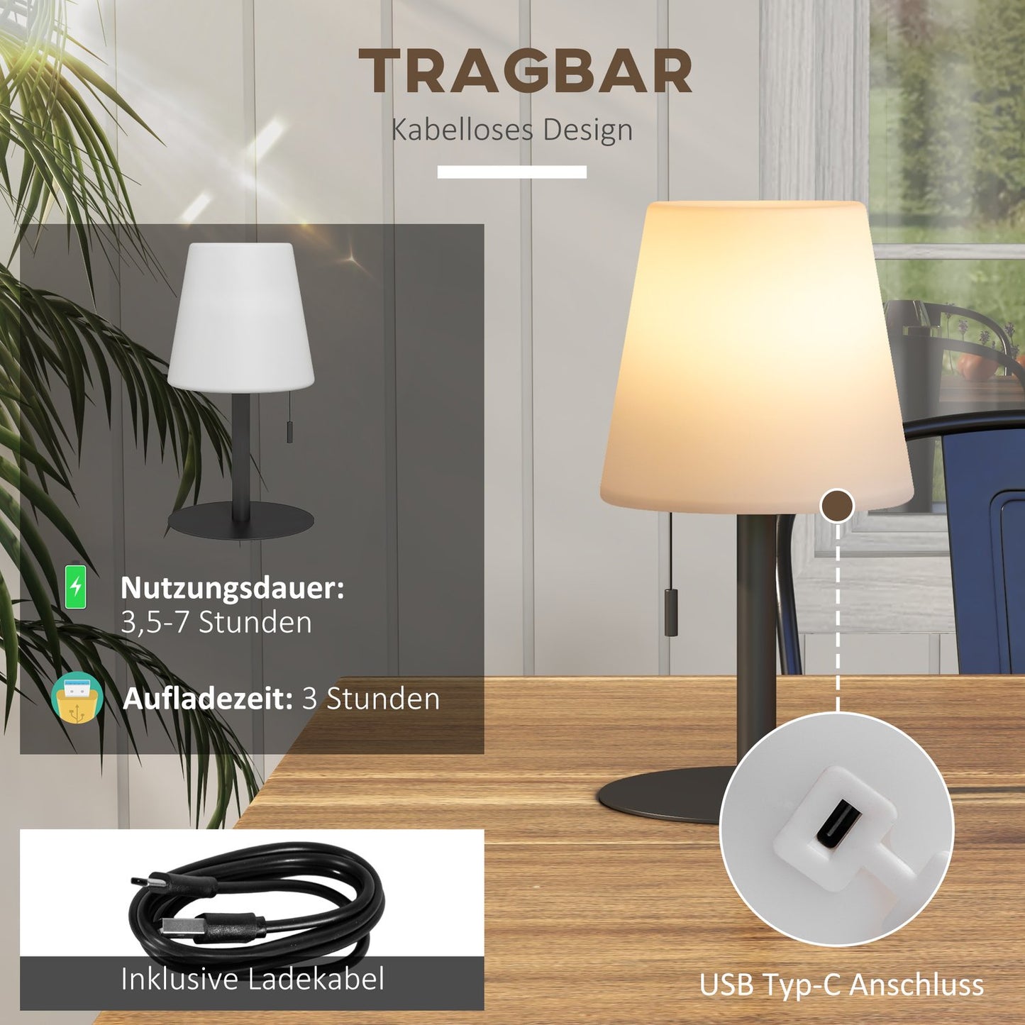 USB rechargeable LED table lamp, dimmable, indoor/outdoor