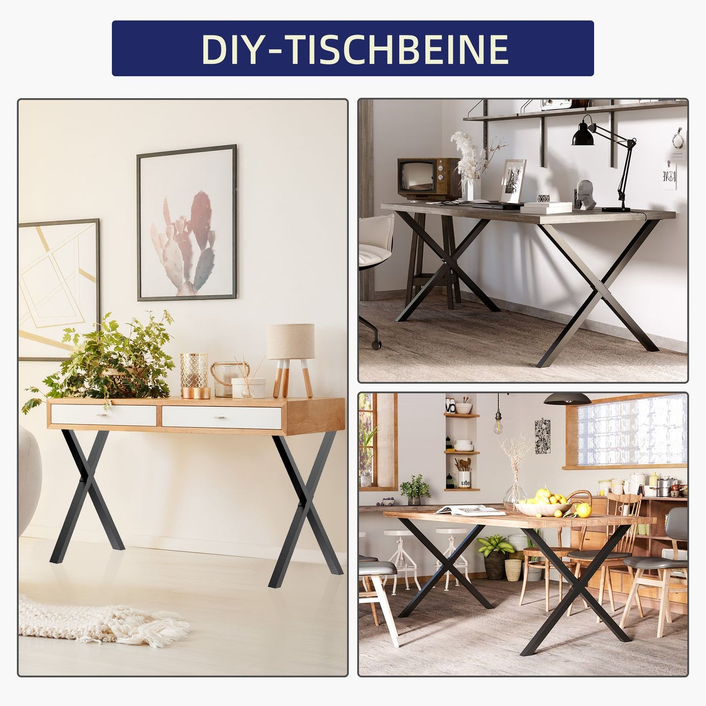 Black Steel X-Shape table legs, set of 2, 72Cm