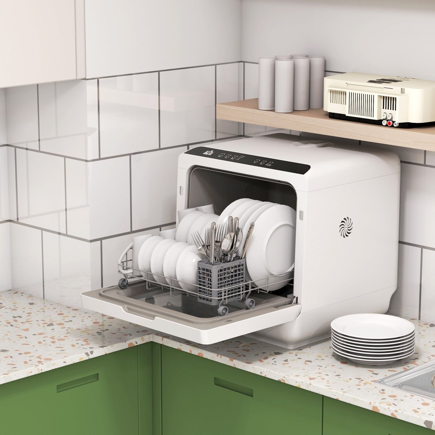 Compact tabletop dishwasher - 4 settings, 6 programs, built-in tank