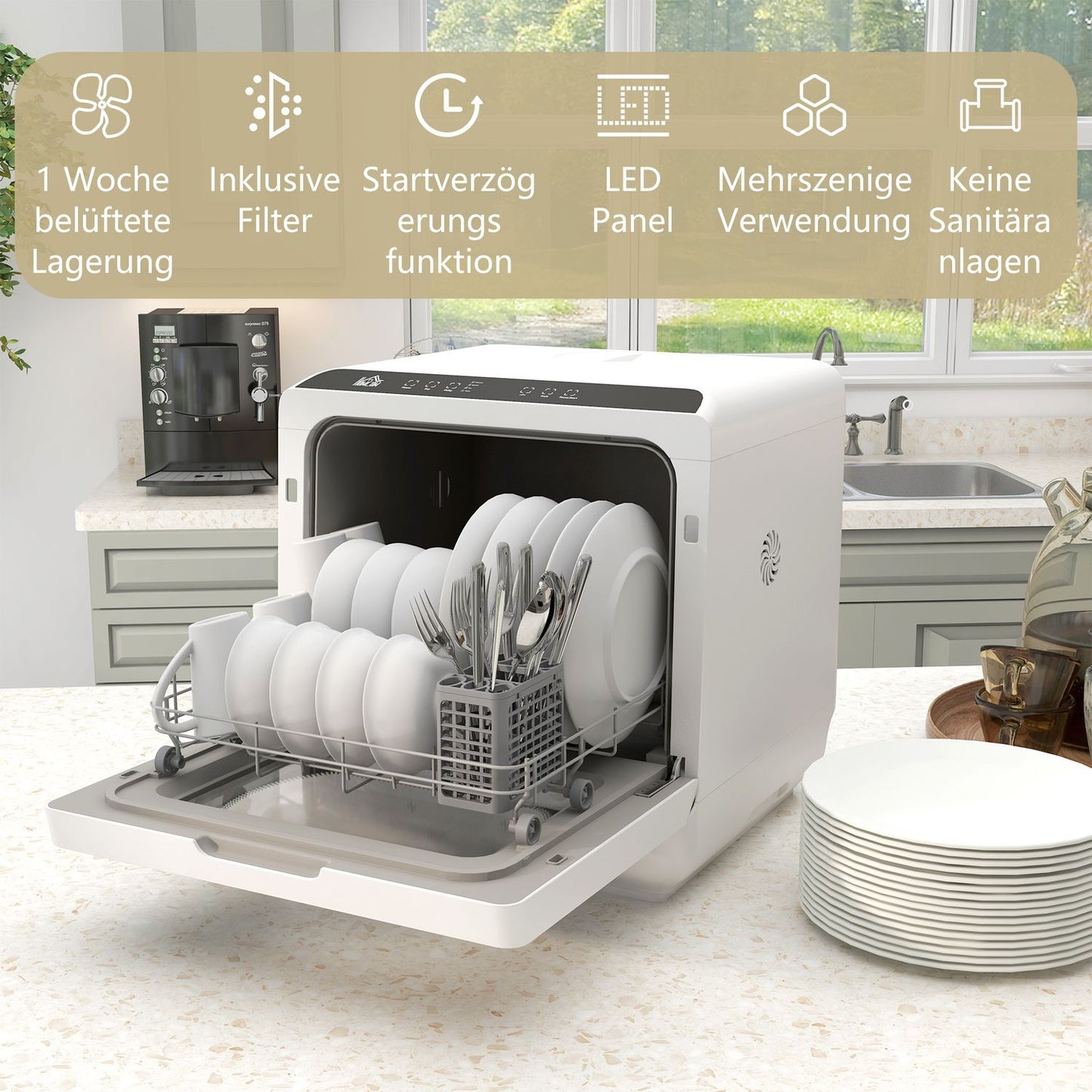 Compact tabletop dishwasher - 4 settings, 6 programs, built-in tank