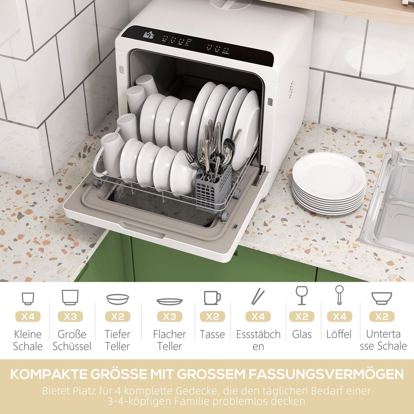 Compact tabletop dishwasher - 4 settings, 6 programs, built-in tank
