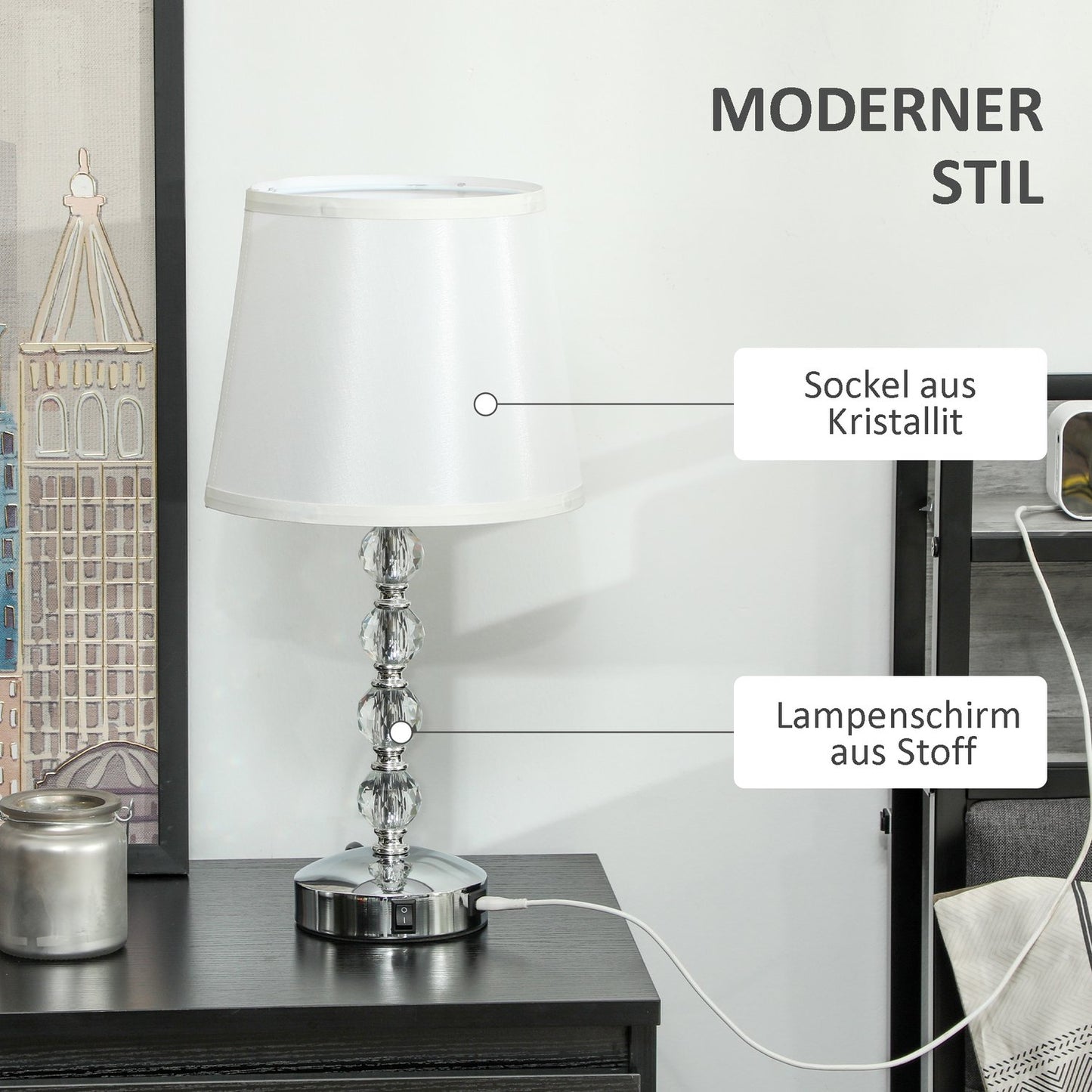 LED table lamp, crystal, USB rechargeable, Silver, E27 socket