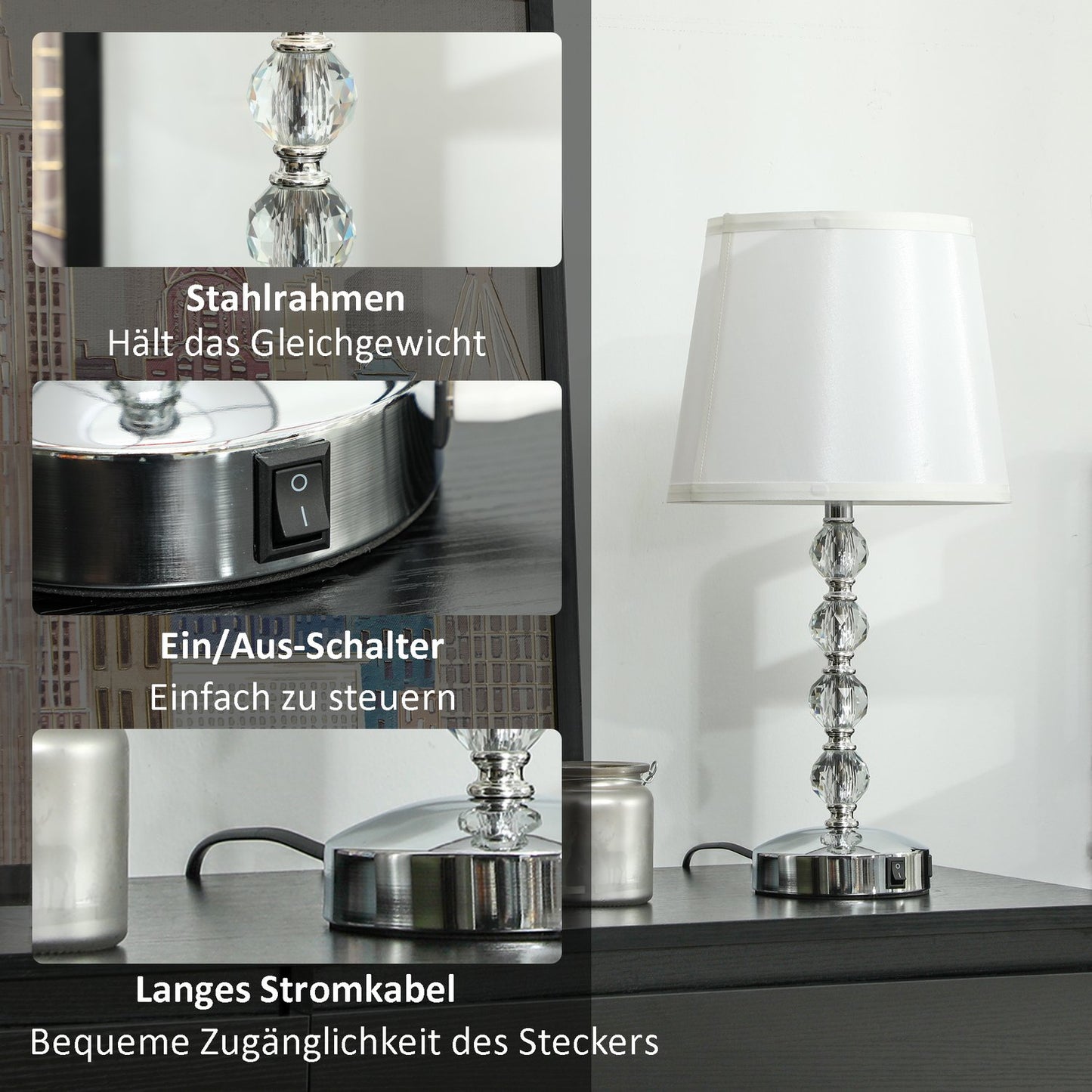LED table lamp, crystal, USB rechargeable, Silver, E27 socket