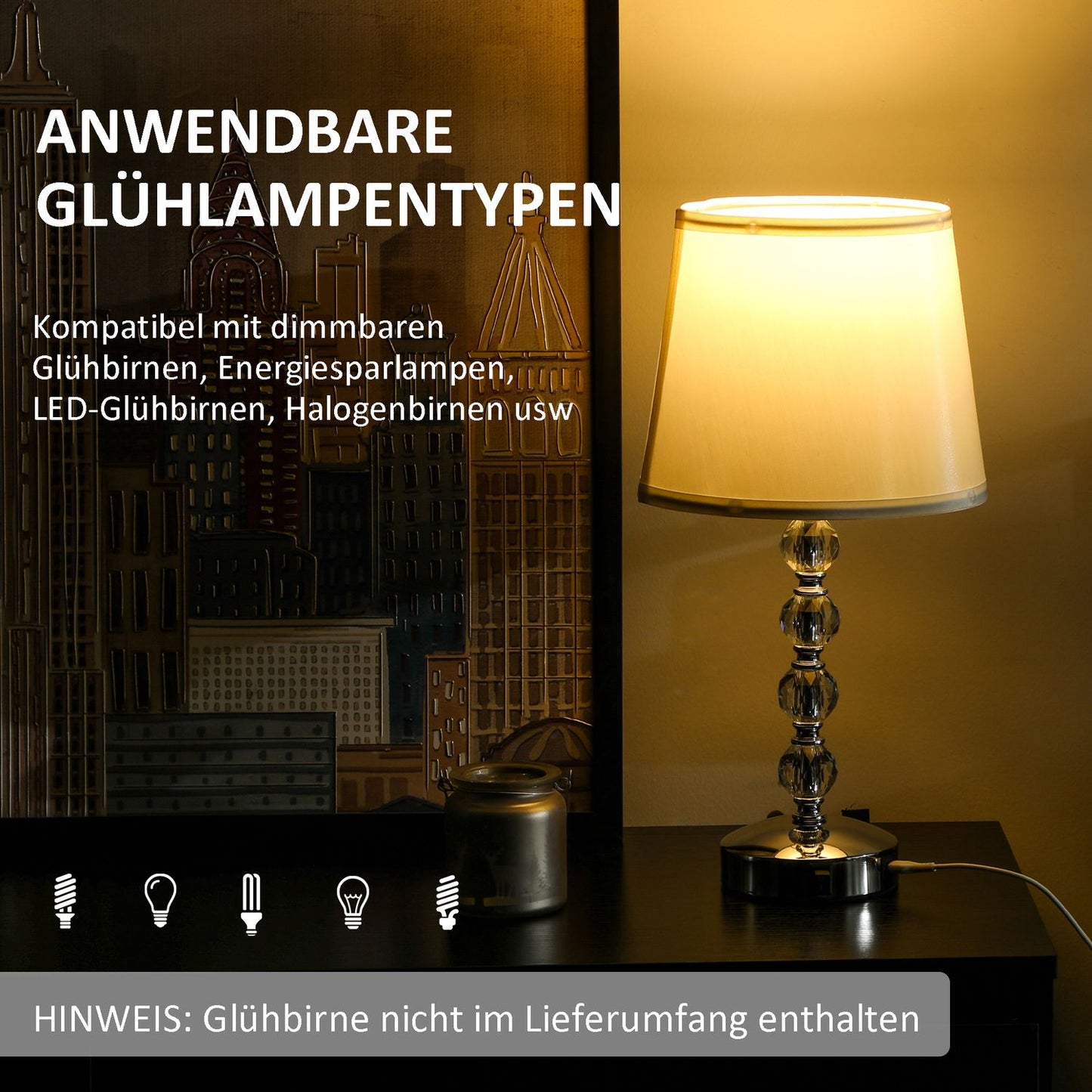 LED table lamp, crystal, USB rechargeable, Silver, E27 socket