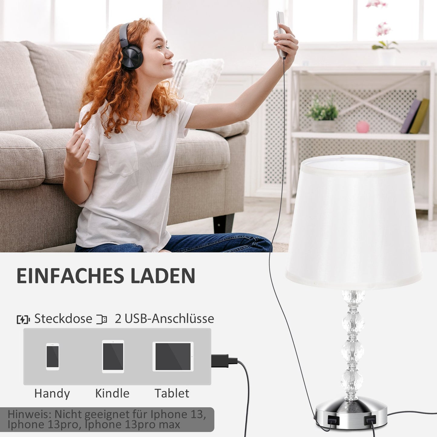 LED table lamp, crystal, USB rechargeable, Silver, E27 socket