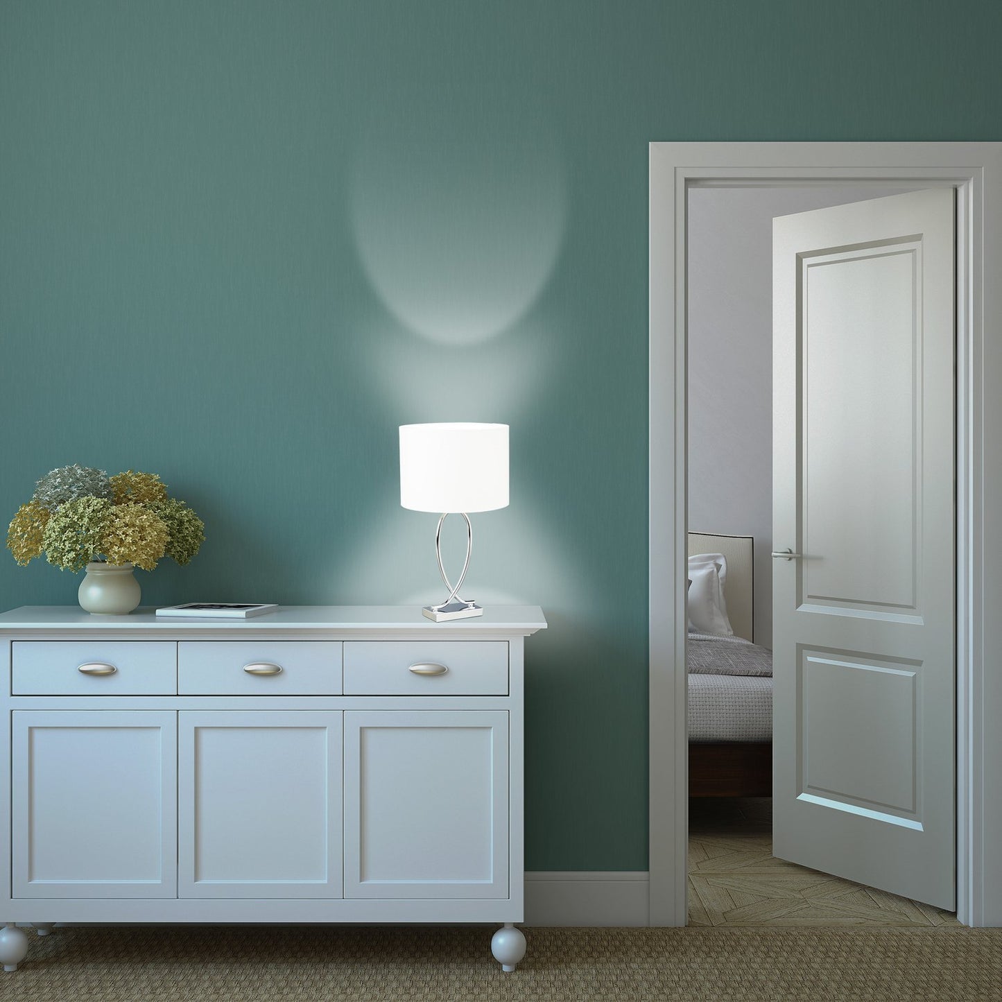 Table lamp with silver fabric shade