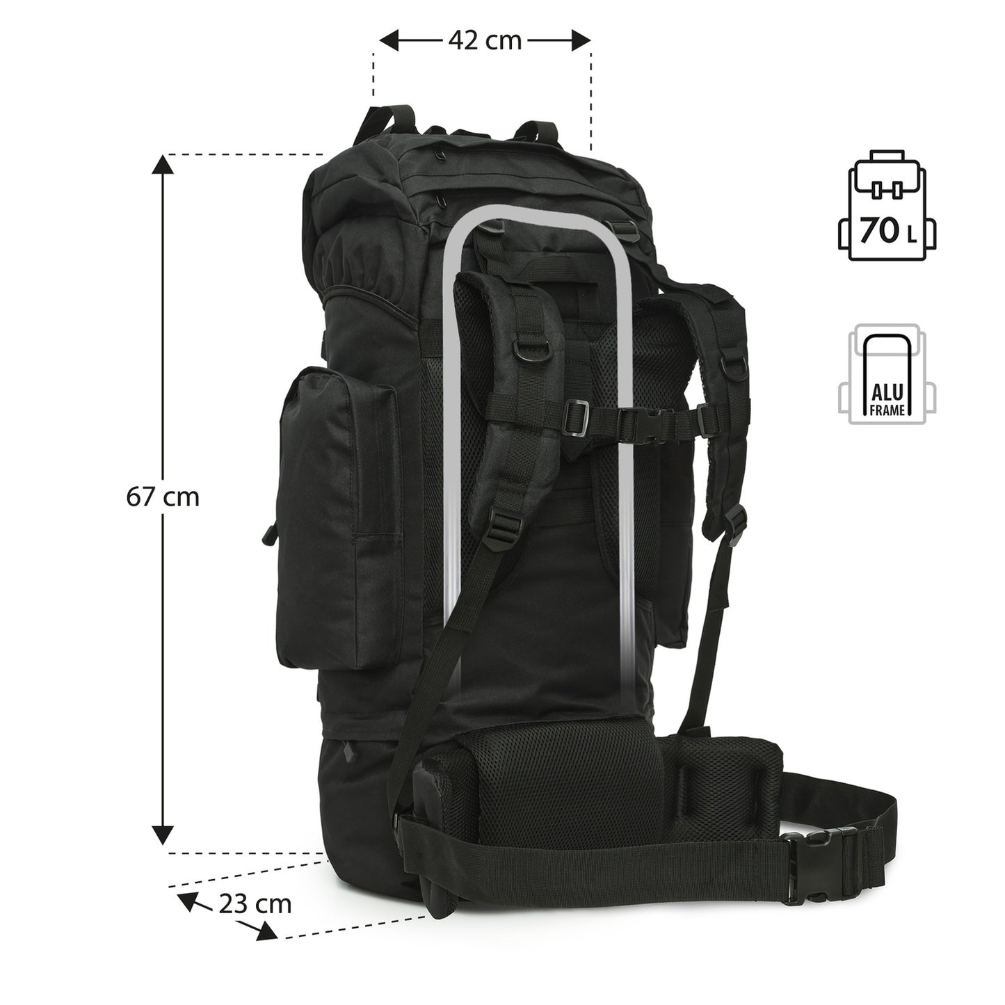 Tactical Backpack, 70L, Black, Heavy-Duty