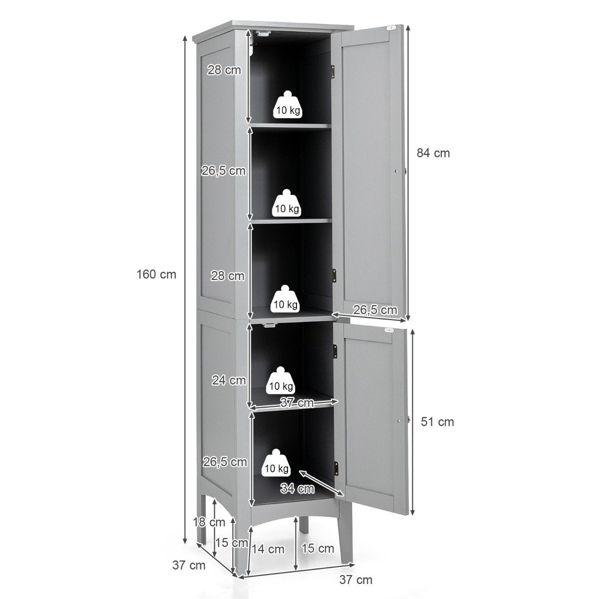 Tall Bathroom Cabinet, 5-Tier Freestanding Storage, Grey