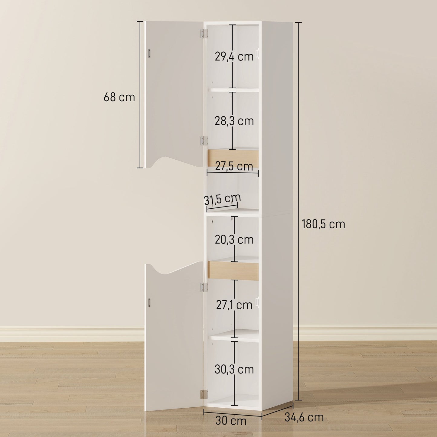 Tall Bathroom Cabinet, White, 2 Doors, 2 Open Shelves, Adjustable Shelves