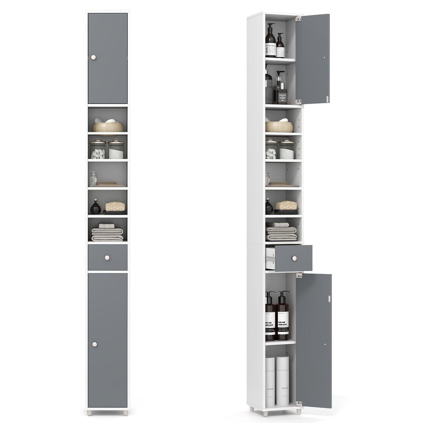 Tall Bathroom Cabinet with 2 Doors, Adjustable Shelves, White/Grey