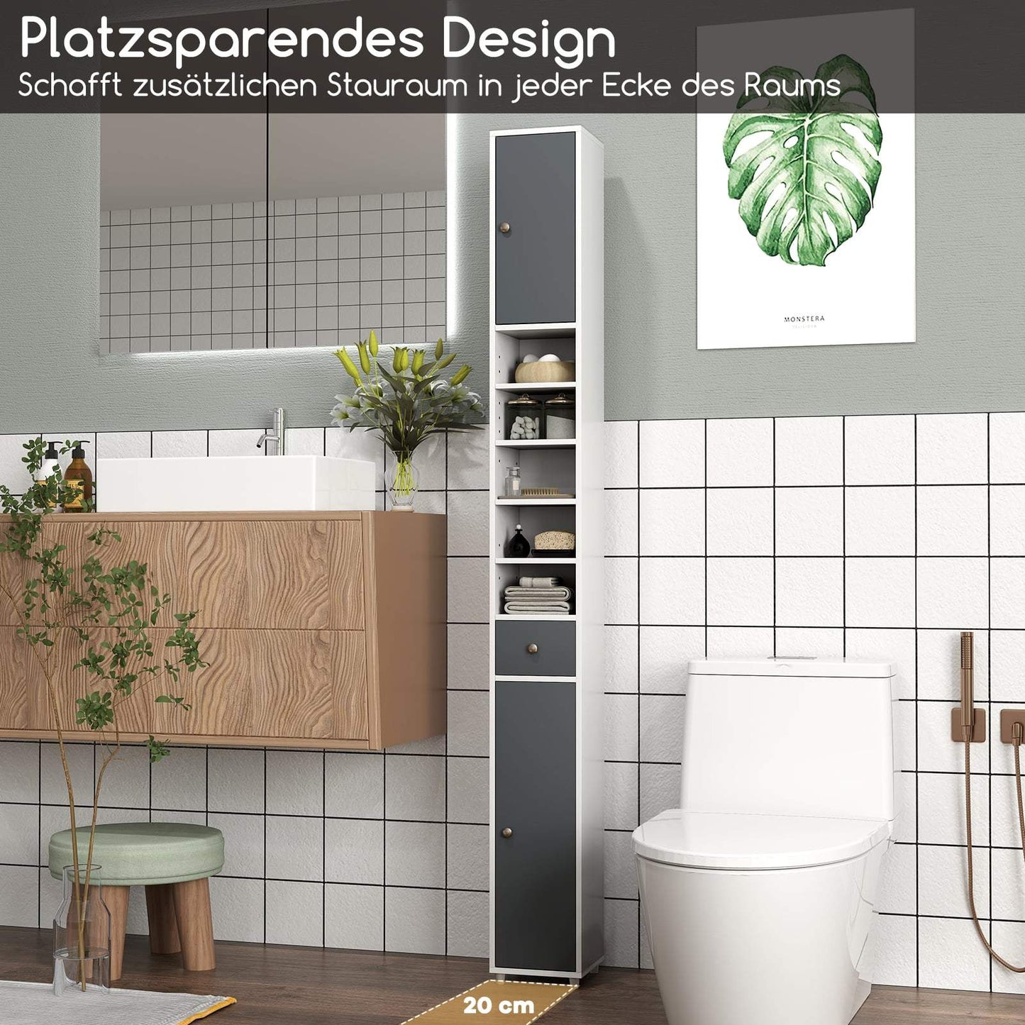Tall Bathroom Cabinet with 2 Doors, Adjustable Shelves, White/Grey