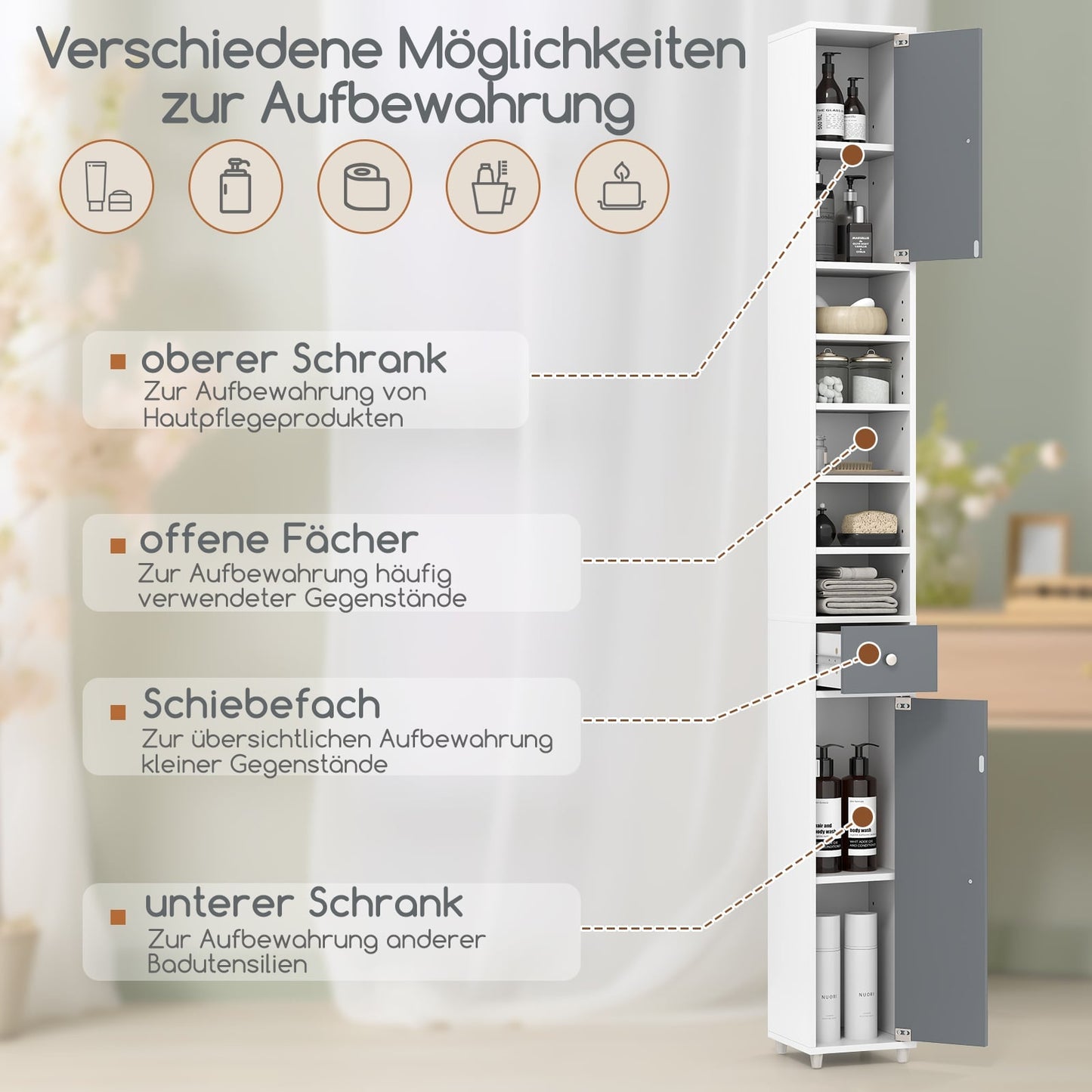 Tall Bathroom Cabinet with 2 Doors, Adjustable Shelves, White/Grey
