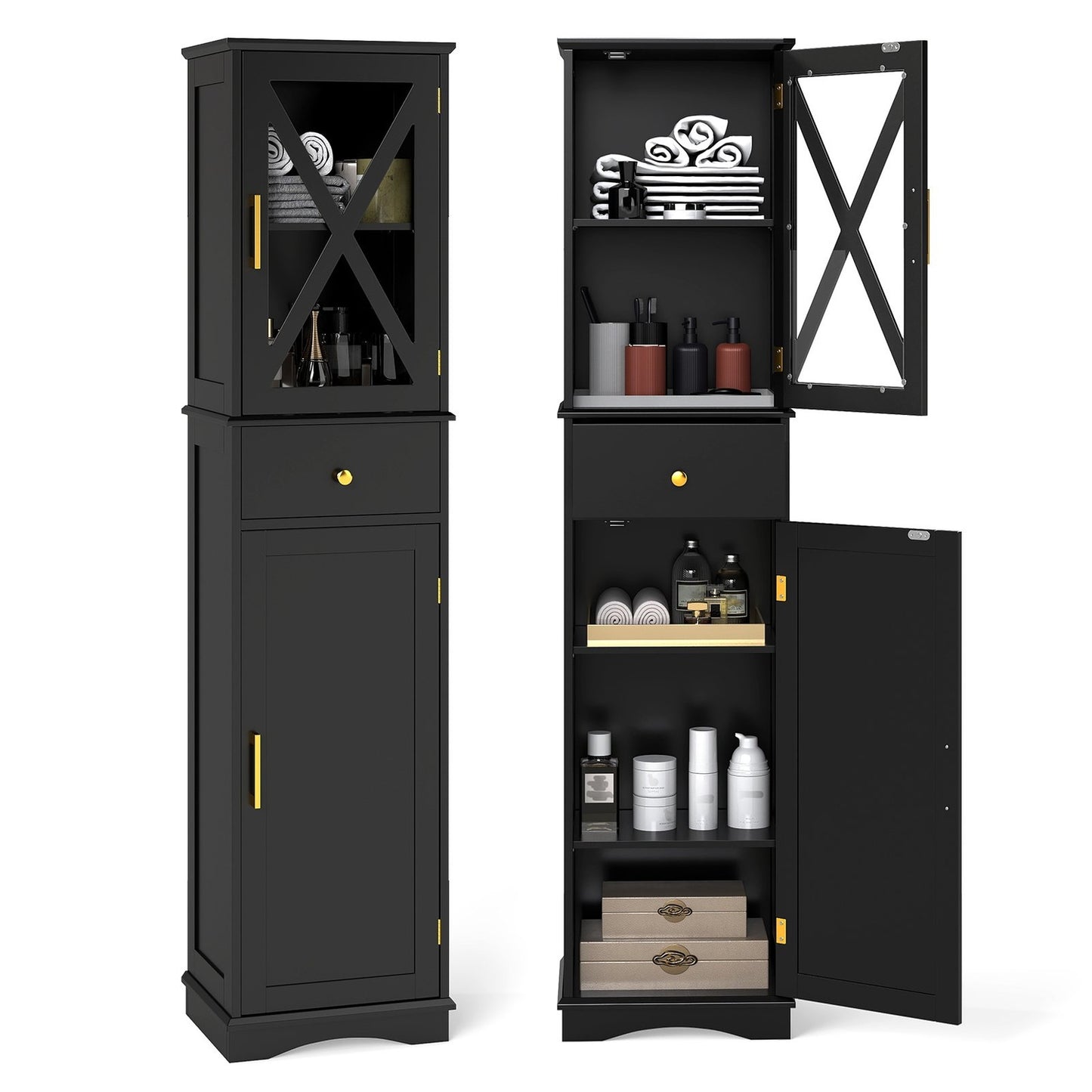 Tall Bathroom Cabinet with Adjustable Shelves, Black