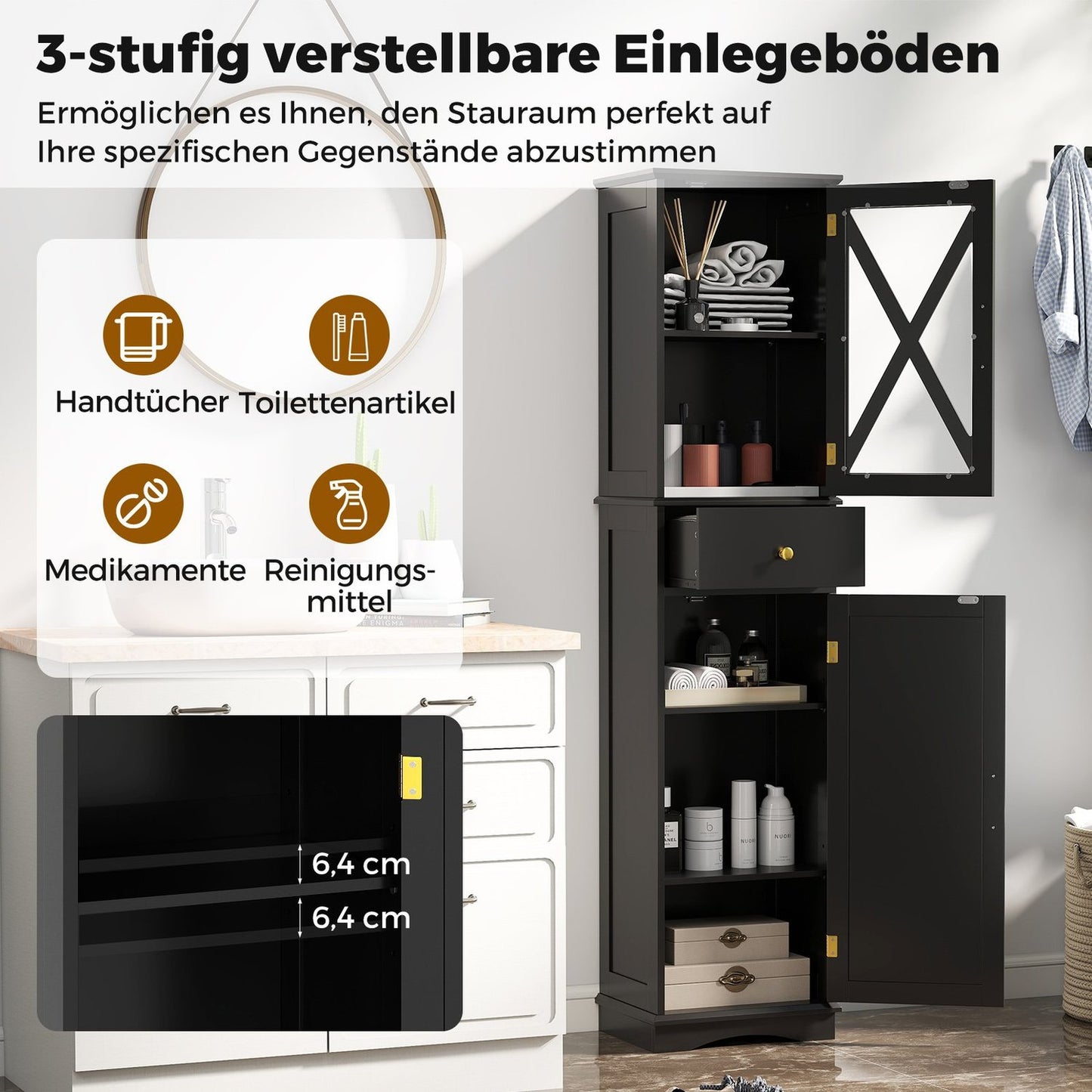 Tall Bathroom Cabinet with Adjustable Shelves, Black