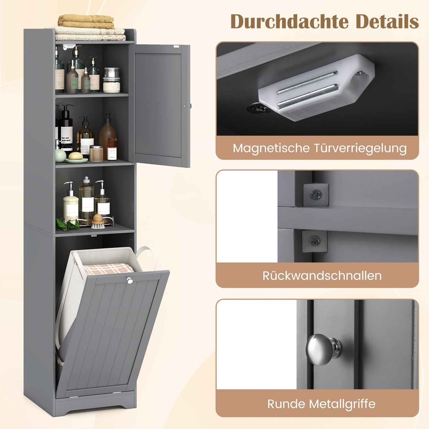 Tall Bathroom Cabinet with Adjustable Shelves, Grey, 170 cm