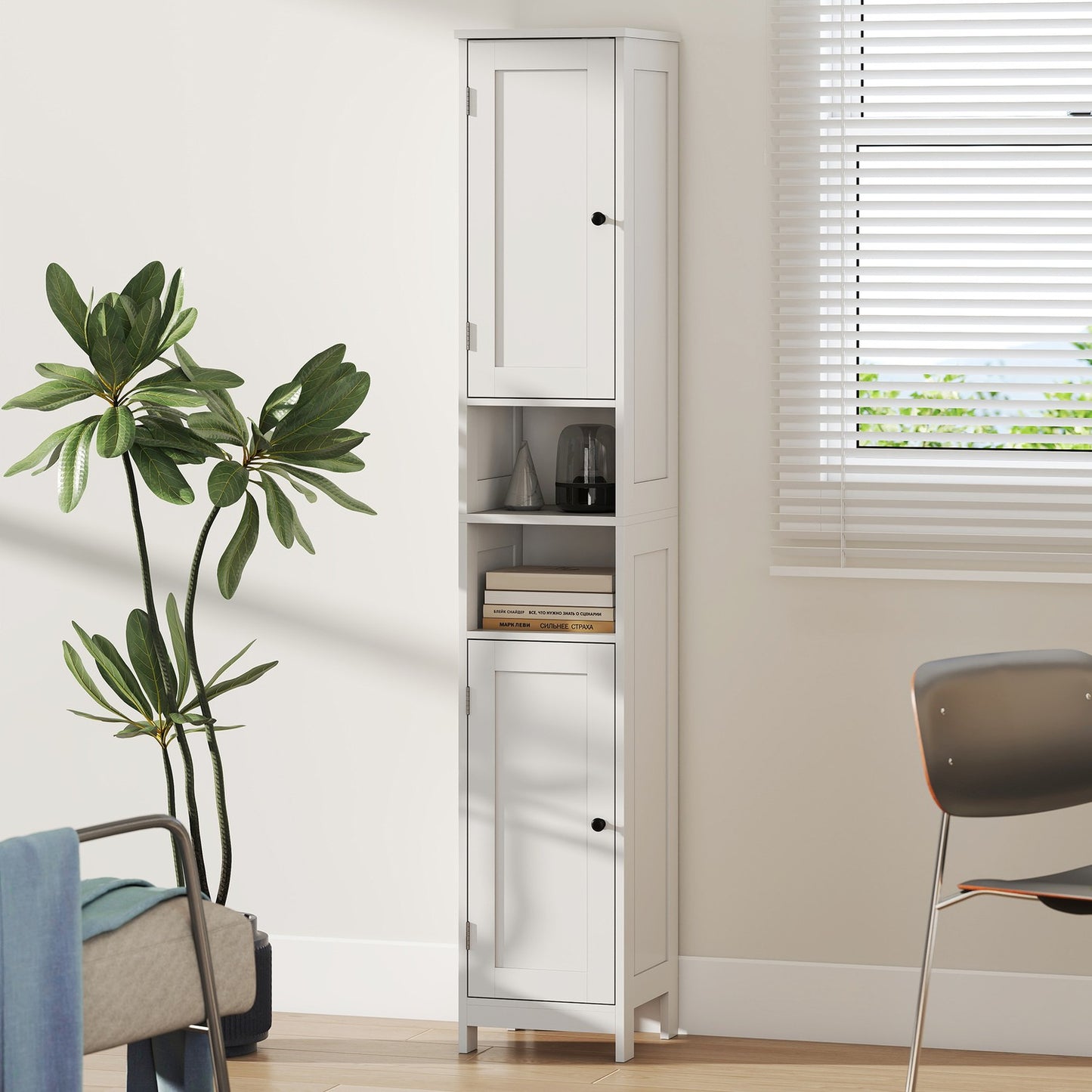 Tall Bathroom Cabinet with Doors, Open Shelves, White, 170 cm