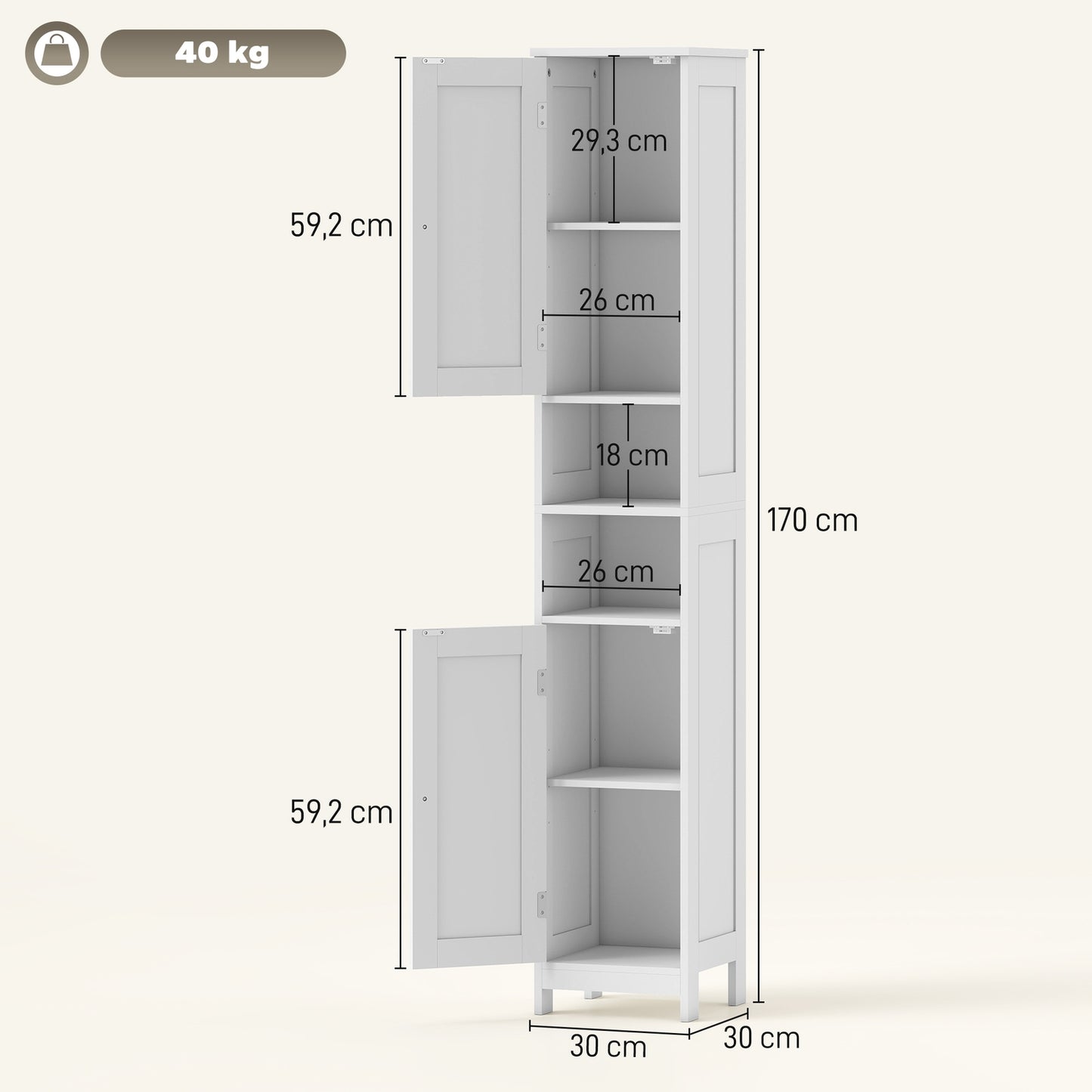 Tall Bathroom Cabinet with Doors, Open Shelves, White, 170 cm