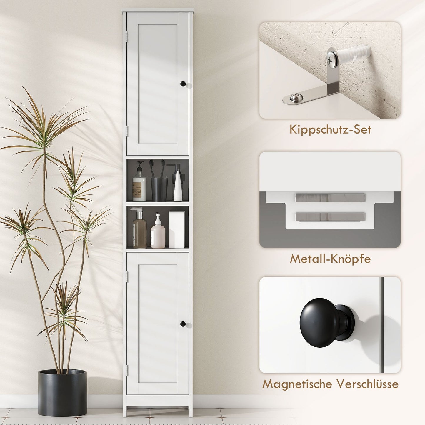Tall Bathroom Cabinet with Doors, Open Shelves, White, 170 cm