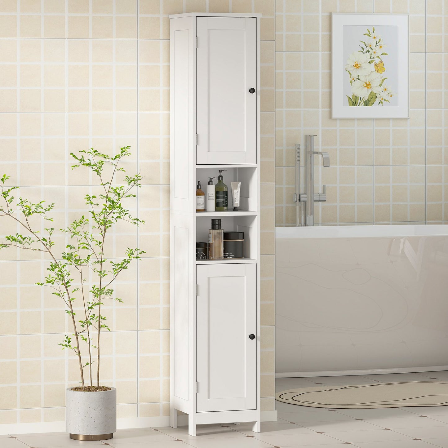 Tall Bathroom Cabinet with Doors, Open Shelves, White, 170 cm