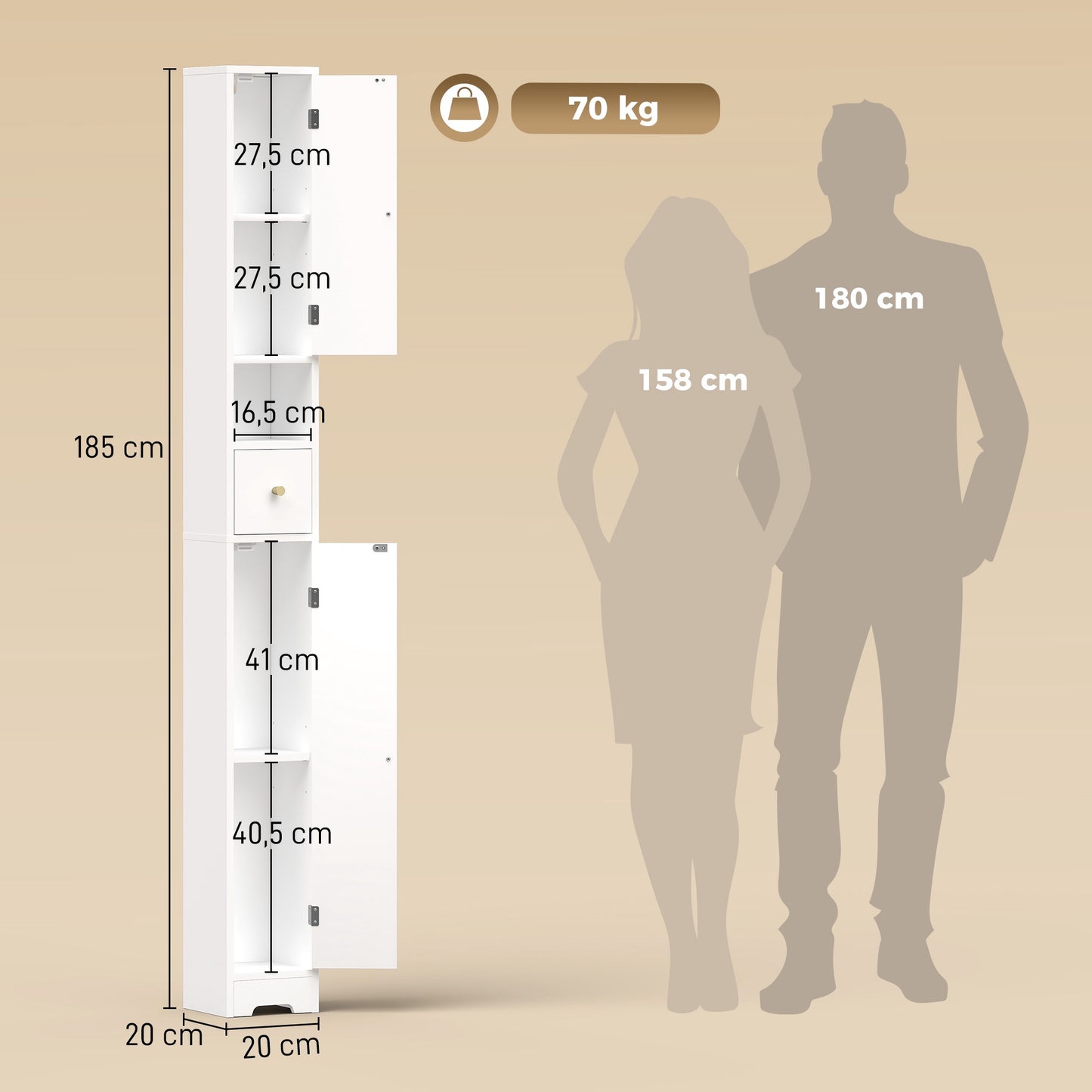 Tall Bathroom Cabinet with Drawer, Adjustable Shelves, White 20x20x185 cm