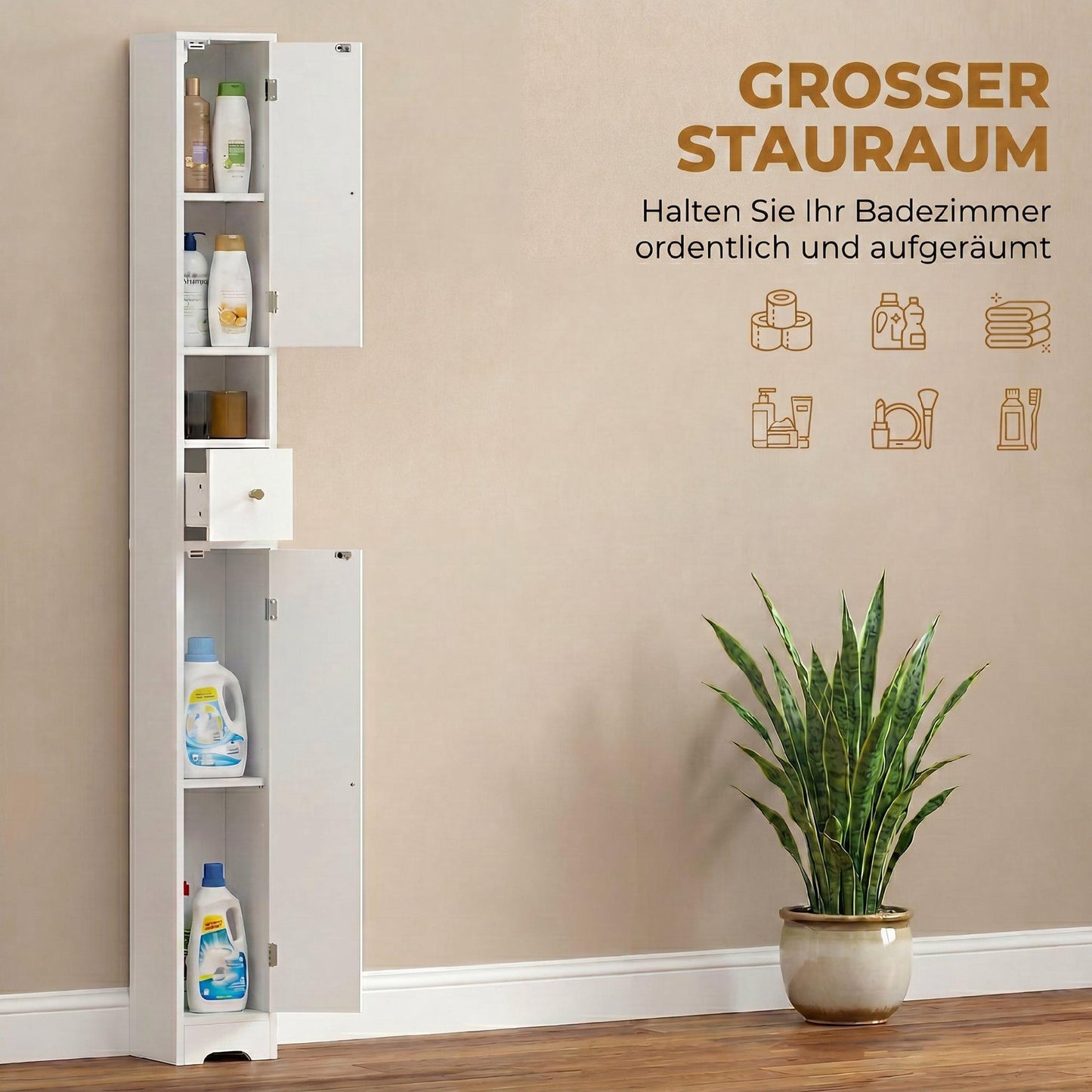 Tall Bathroom Cabinet with Drawer, Adjustable Shelves, White 20x20x185 cm