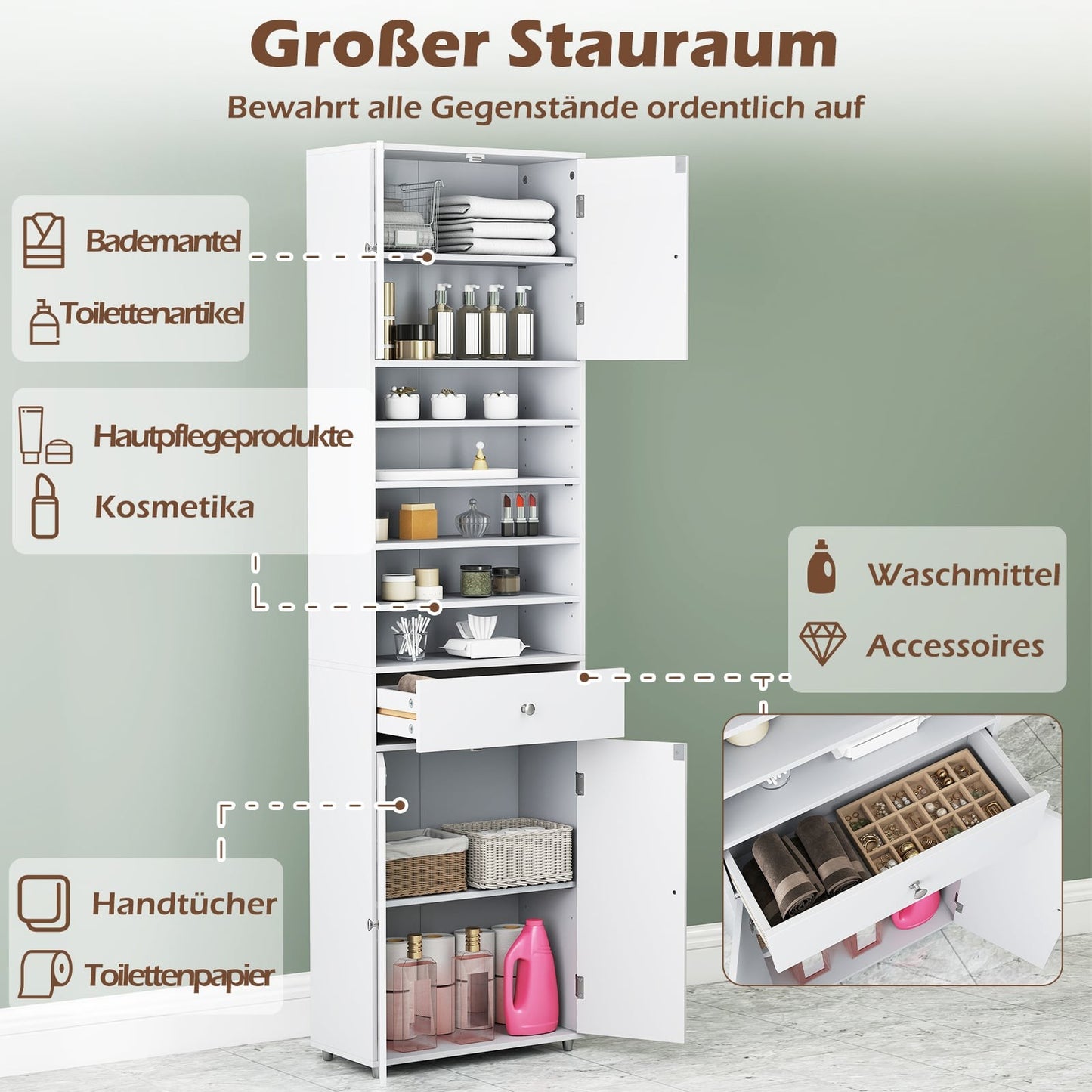 Tall Bathroom Cabinet with Drawer, Doors, Adjustable Shelves
