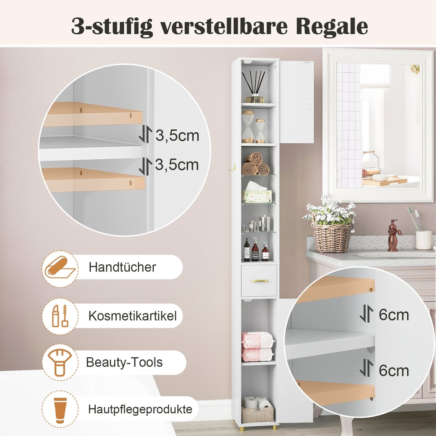 Tall Bathroom Cabinet with Lighting, Glass Shelves, Drawer