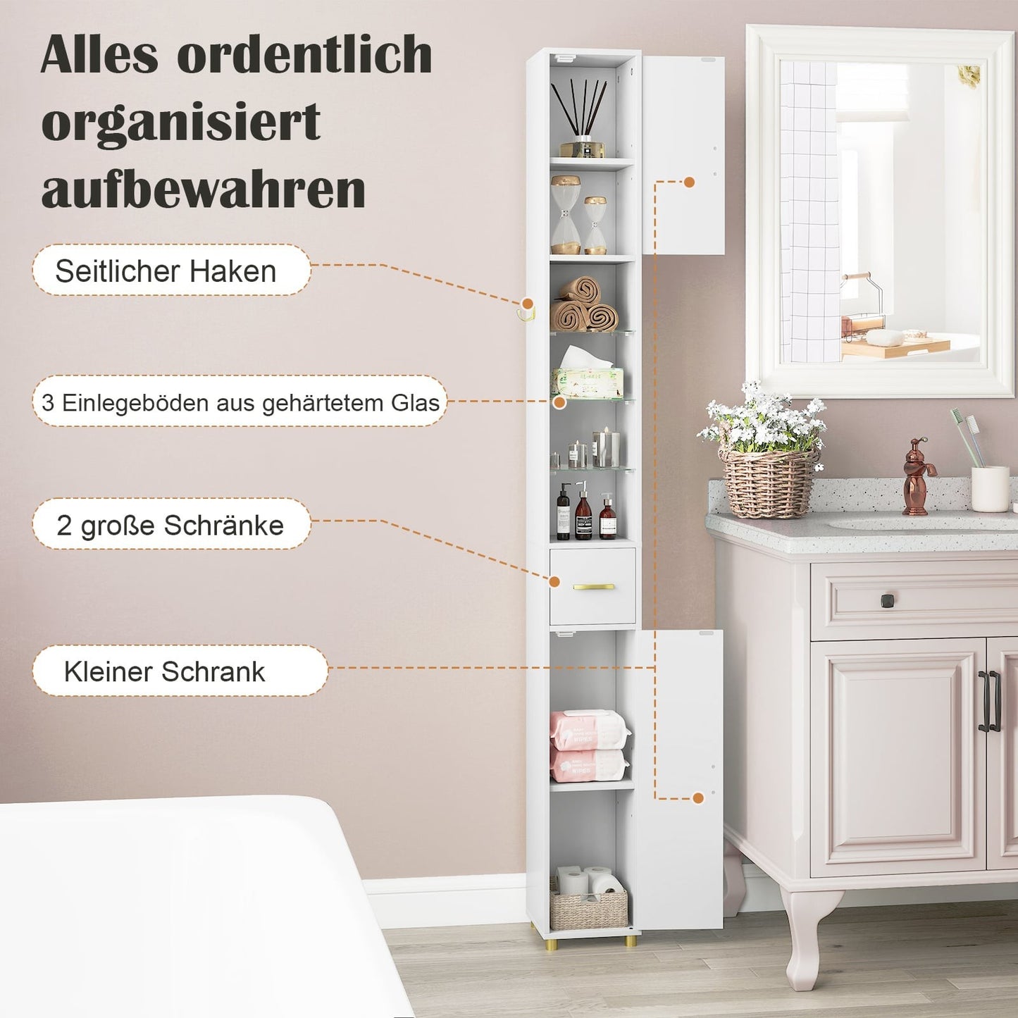 Tall Bathroom Cabinet with Lighting, Glass Shelves, Drawer