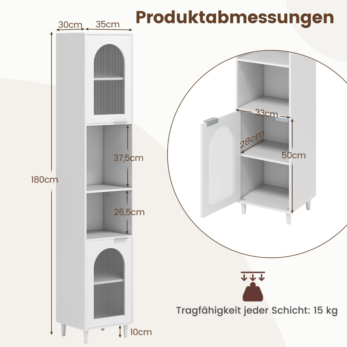 Tall Bathroom Cabinet with Ribbed Glass Doors, White