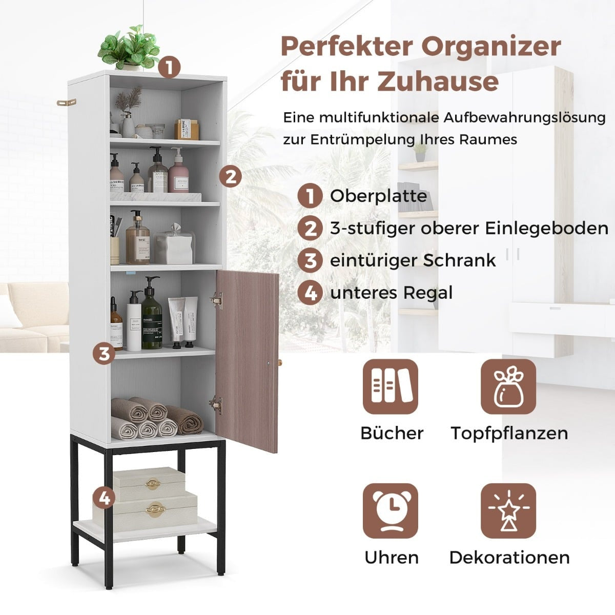 Tall Bathroom Storage Cabinet, Freestanding, 38x30x145 cm, White