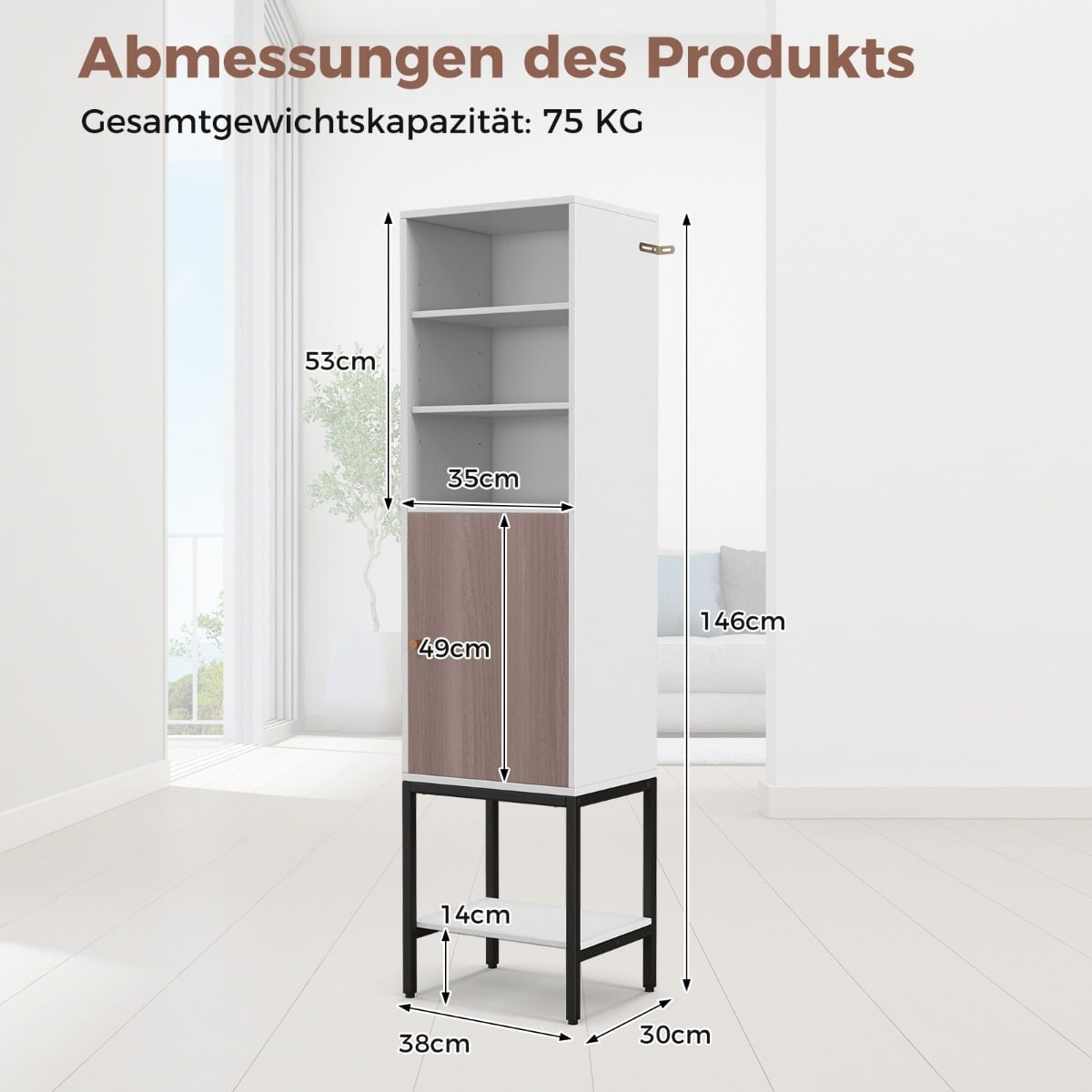 Tall Bathroom Storage Cabinet, Freestanding, 38x30x145 cm, White