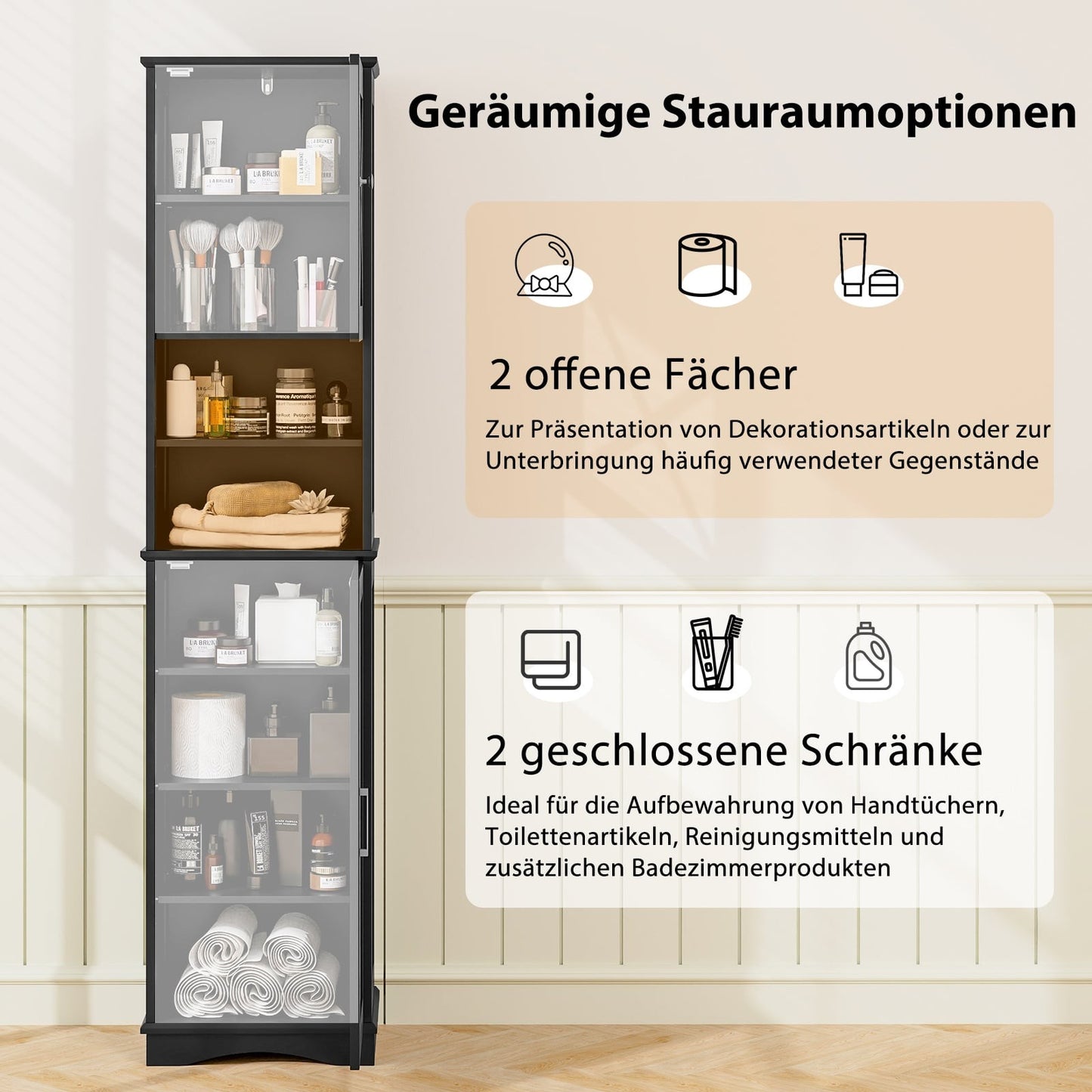 Tall Black Bathroom Cabinet with Adjustable Shelves