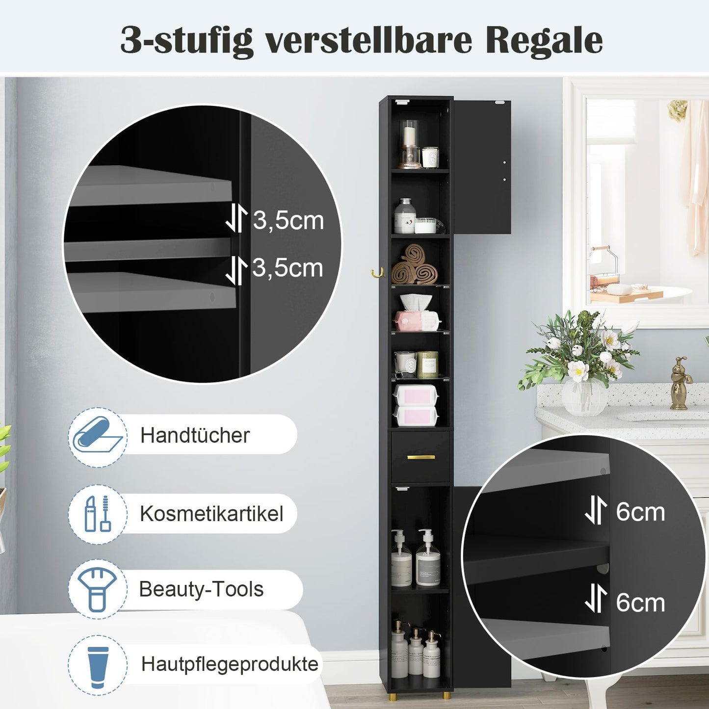 Tall Black Bathroom Cabinet with Lighting & Glass Shelves