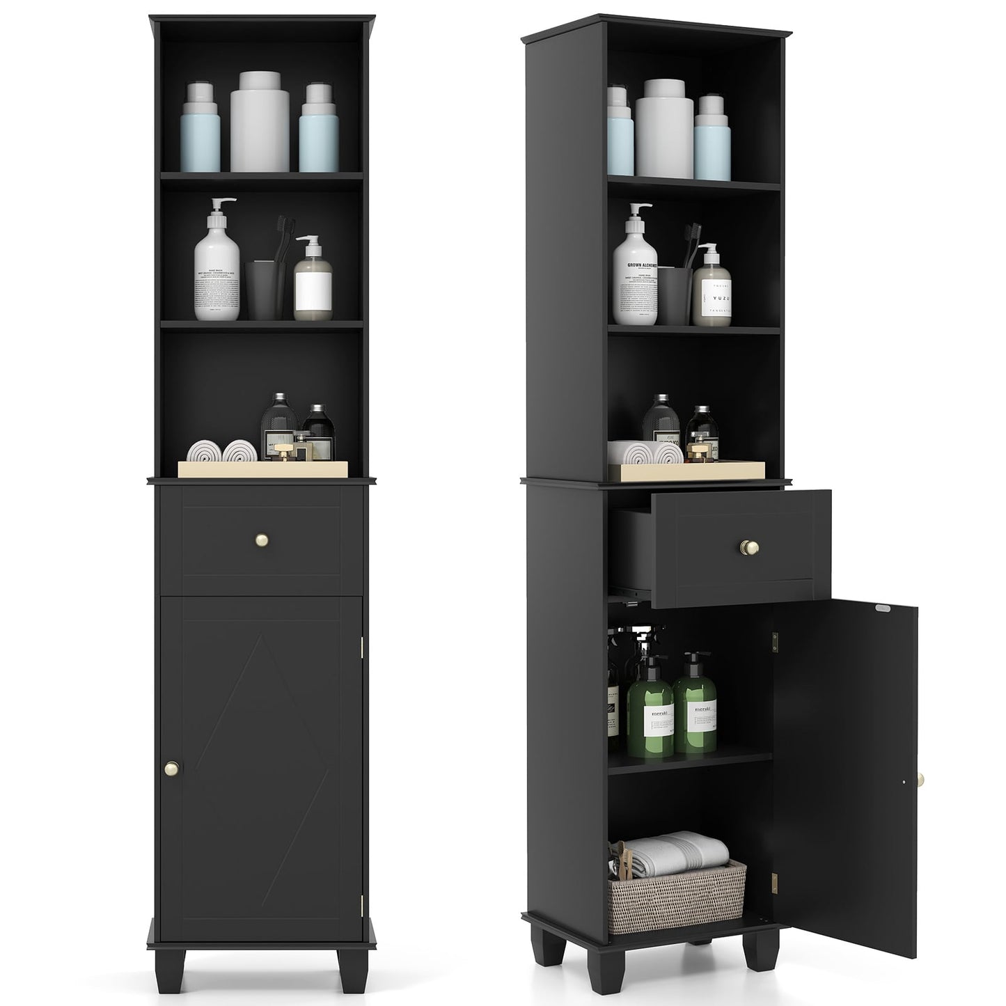 Tall Black Bathroom Cabinet with Shelves and Drawer