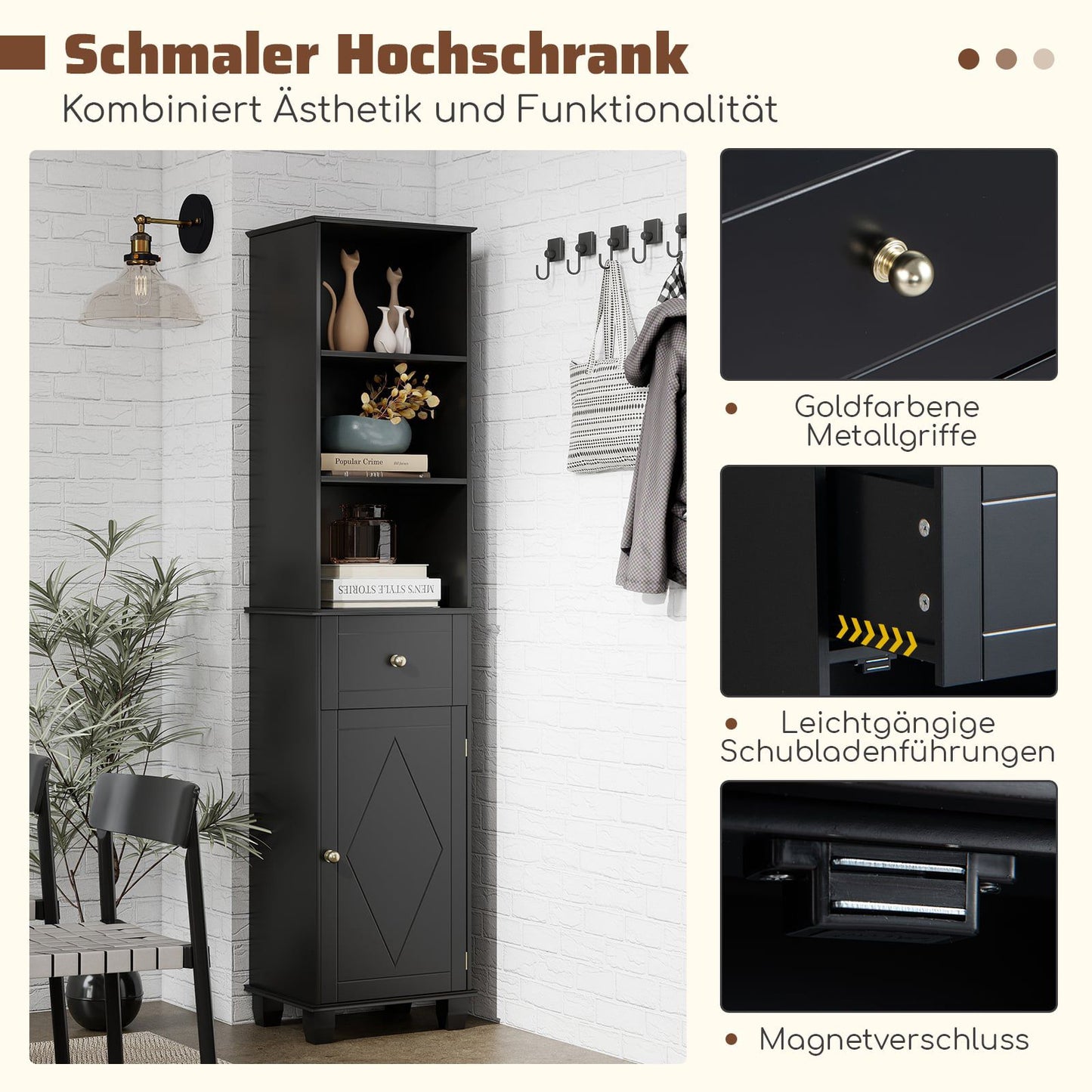 Tall Black Bathroom Cabinet with Shelves and Drawer