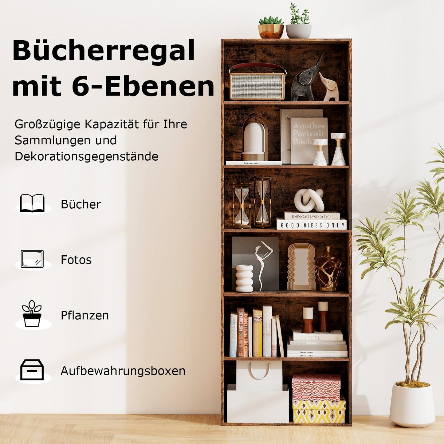 Tall Brown Bookshelf with 6 Shelves and Anti-Tip Kits