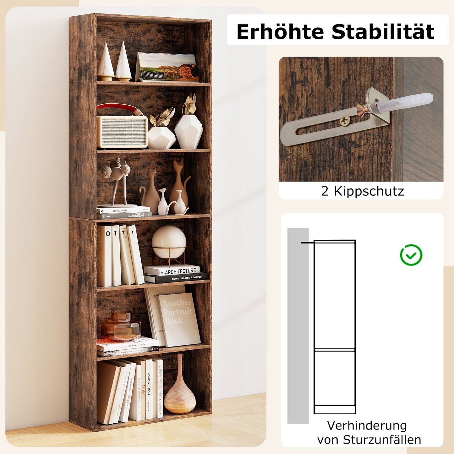 Tall Brown Bookshelf with 6 Shelves and Anti-Tip Kits