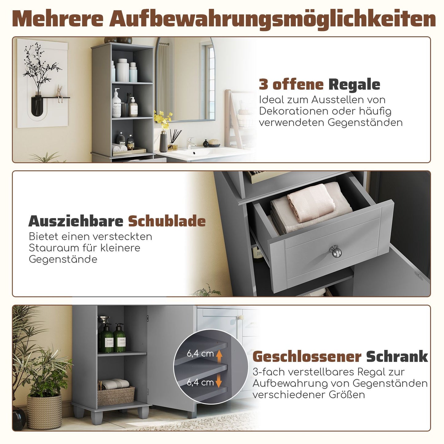 Tall Grey Bathroom Cabinet with 3 Shelves and Drawer