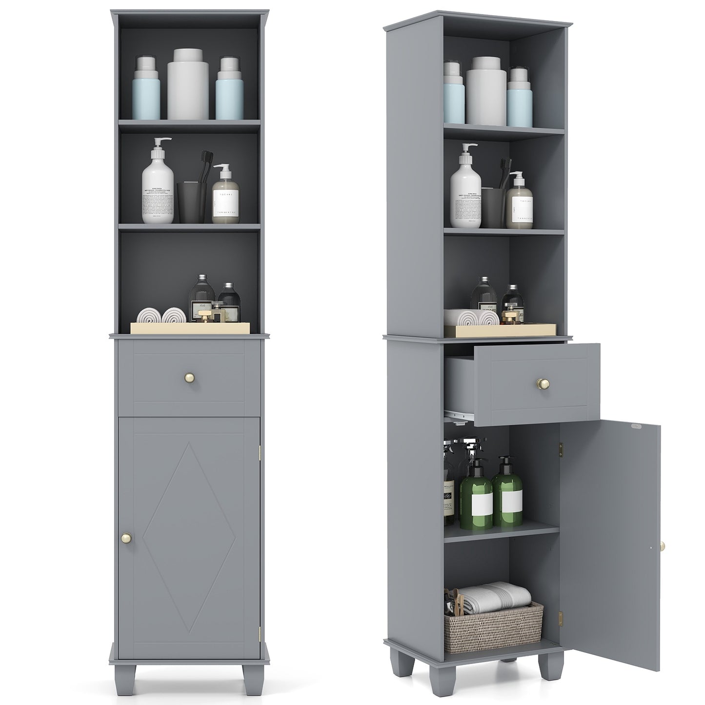 Tall Grey Bathroom Cabinet with 3 Shelves and Drawer