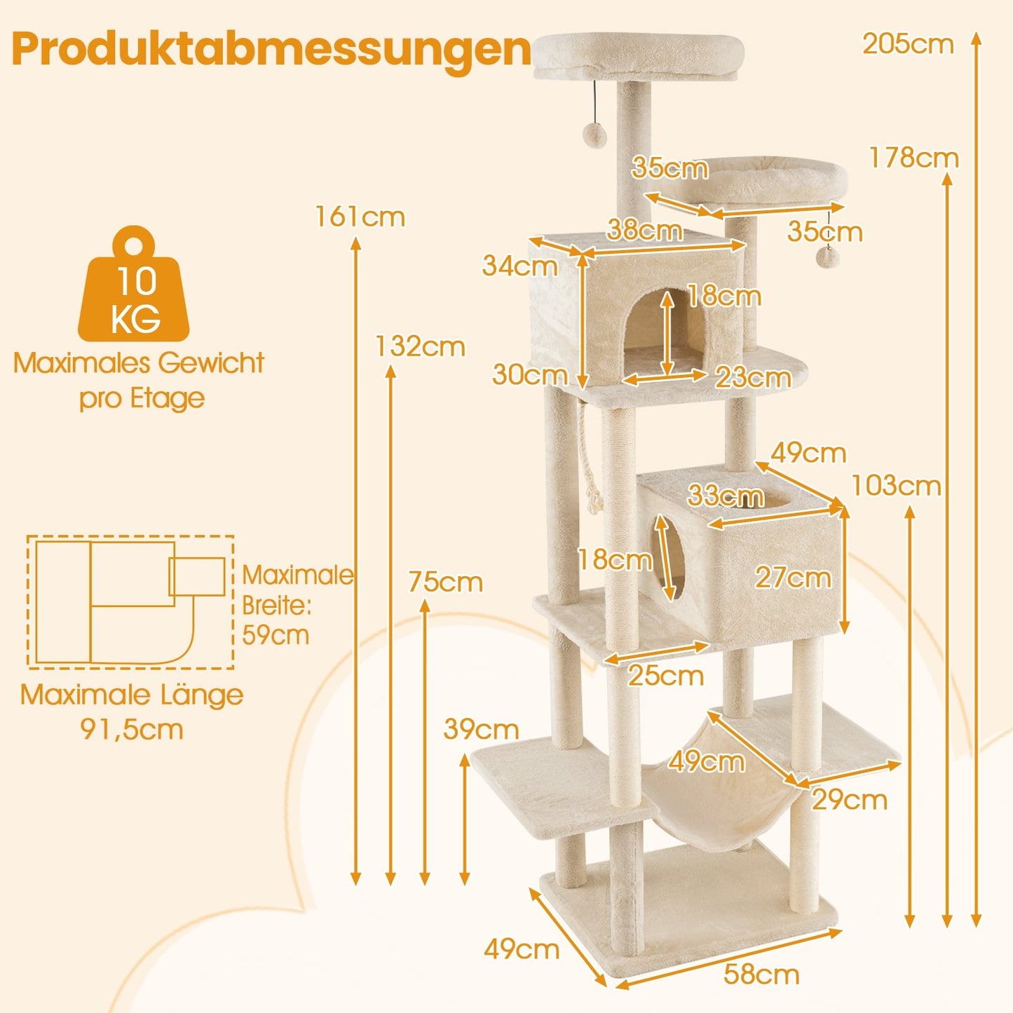 Tall Multi-Level Cat Tree with Sisal Posts, 2 Caves, Beige