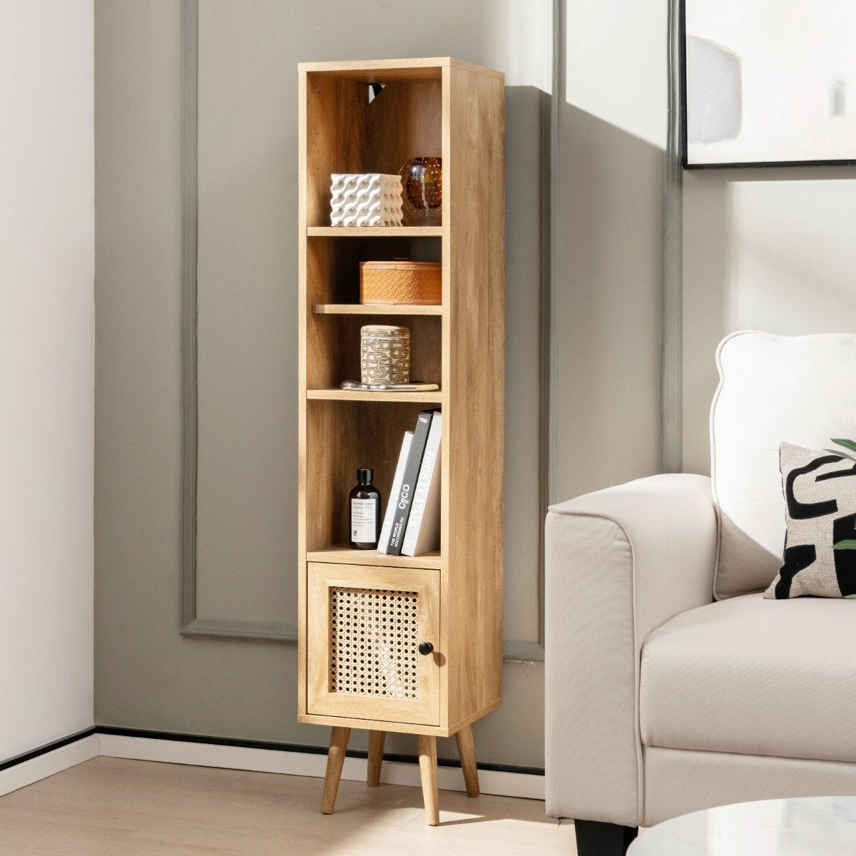 Tall Rattan Bookshelf with 4 Shelves and Cabinet Door