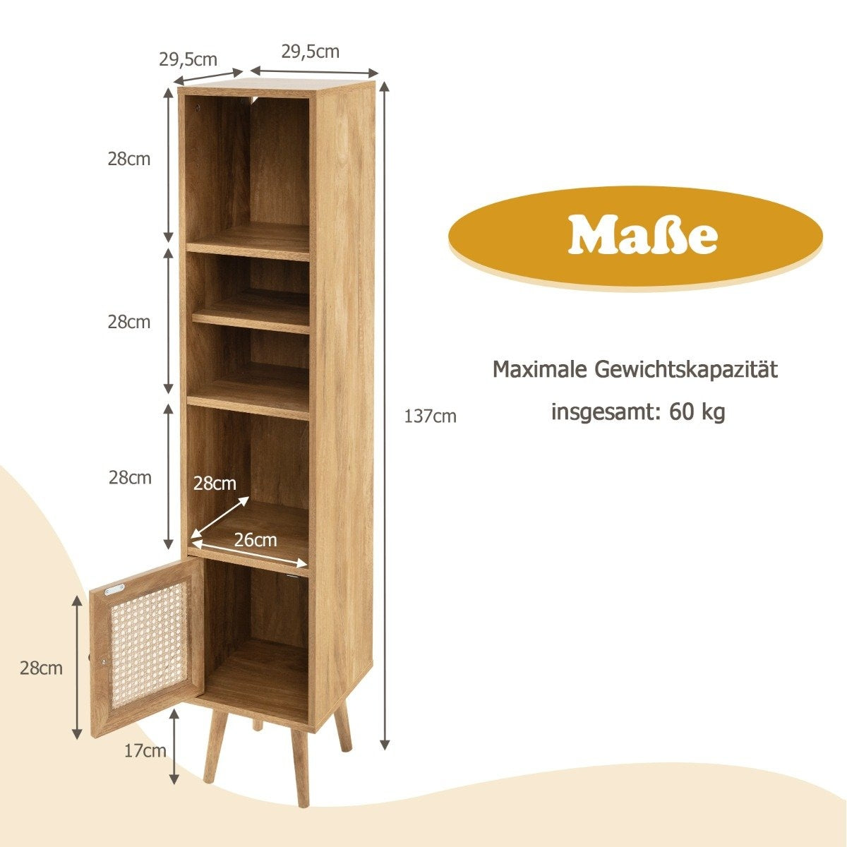 Tall Rattan Bookshelf with 4 Shelves and Cabinet Door
