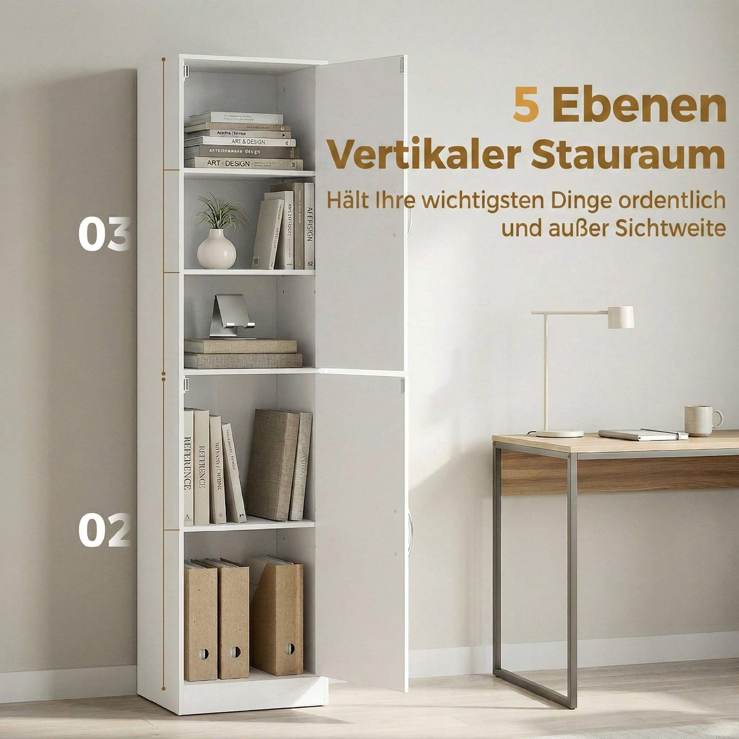 Tall White 5-Tier Bookshelf with Adjustable Shelves