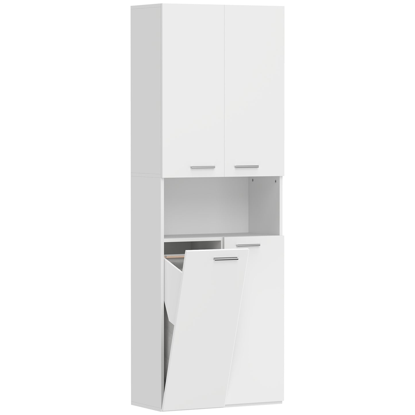 Tall White Bathroom Cabinet with Laundry Basket, 174 cm