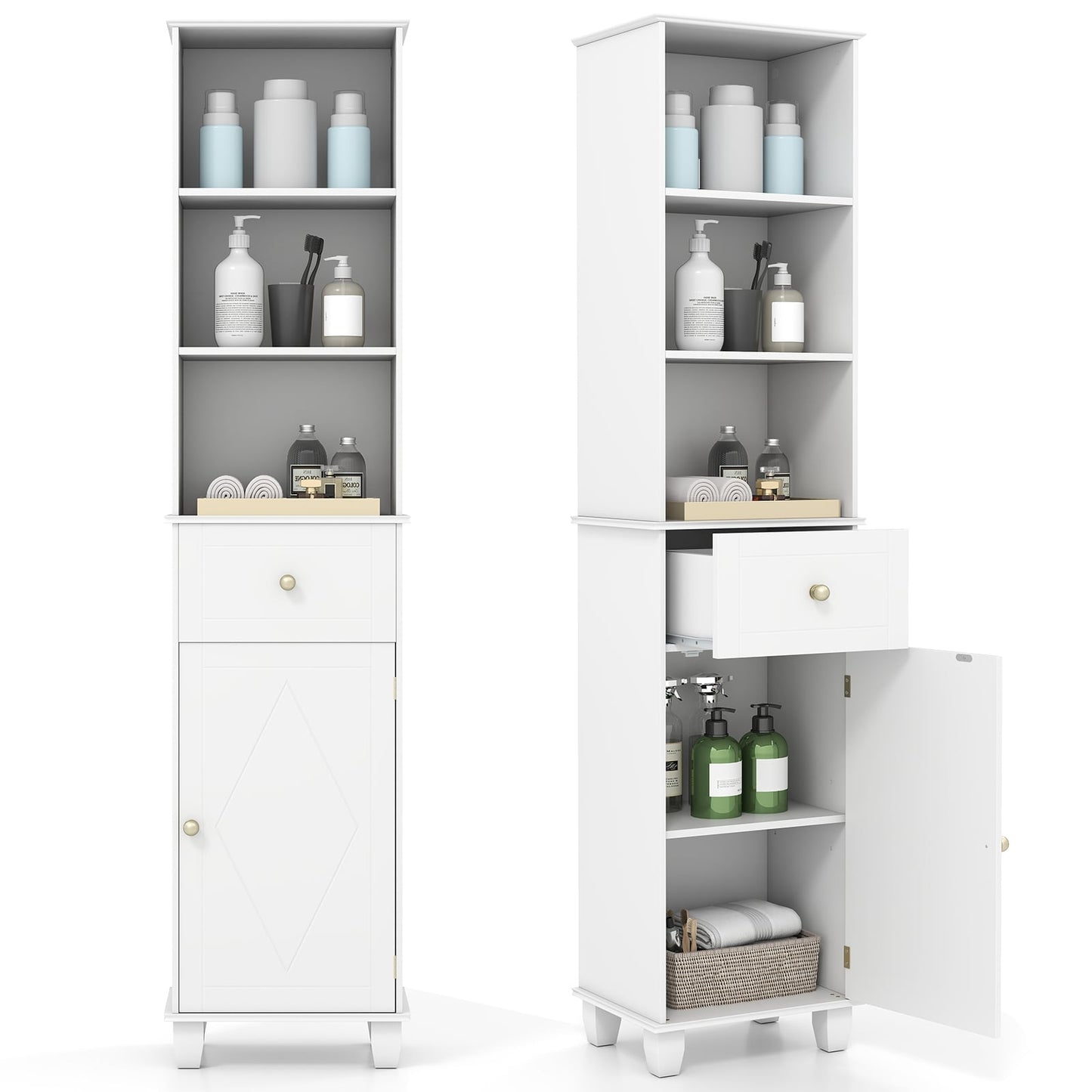 Tall White Bathroom Cabinet with Shelves and Drawer