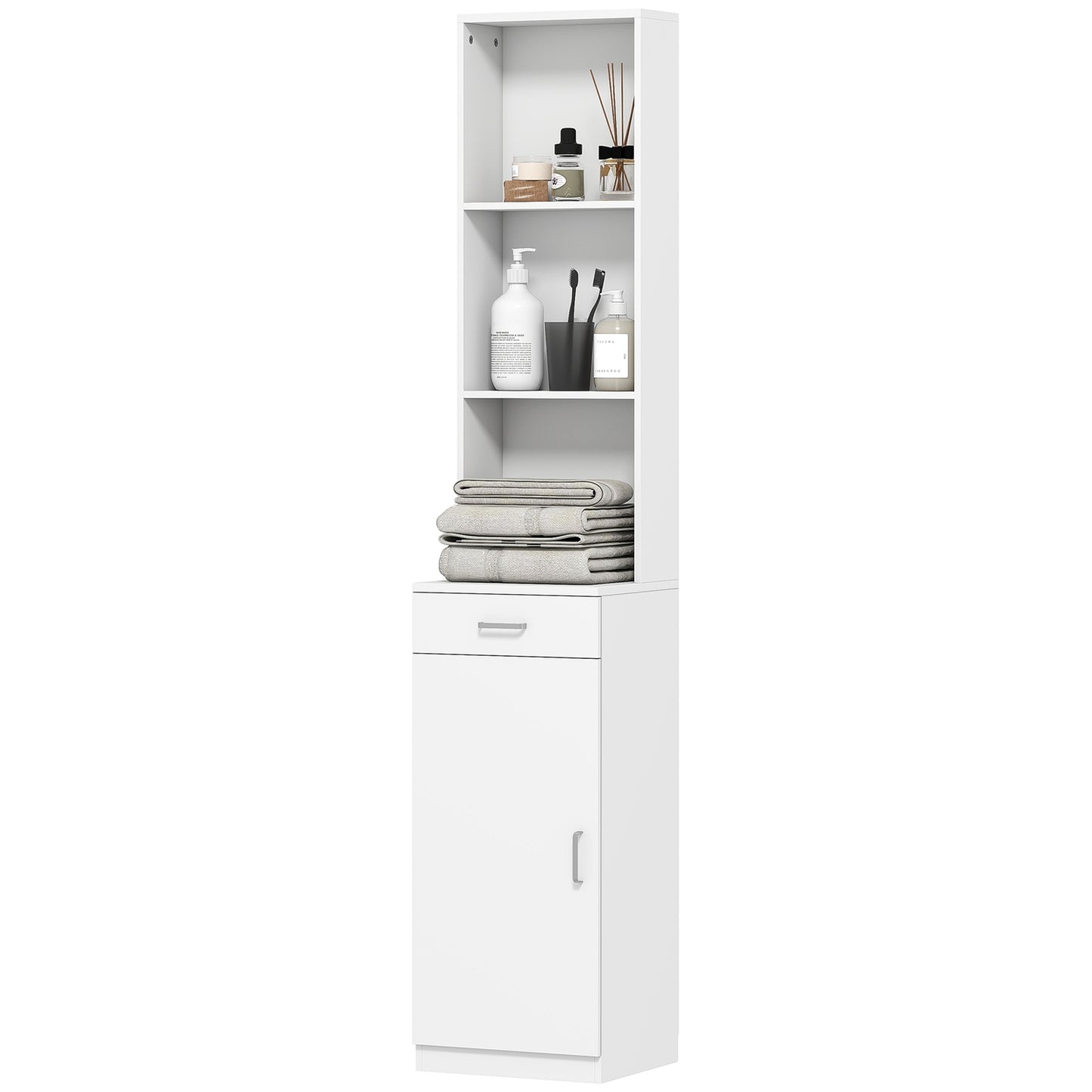 Tall bathroom cabinet, slim design, drawer, shelves, cupboard, chipboard, white
