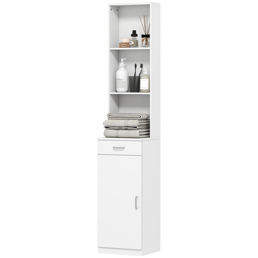 Tall bathroom cabinet, slim design, drawer, shelves, cupboard, chipboard, white